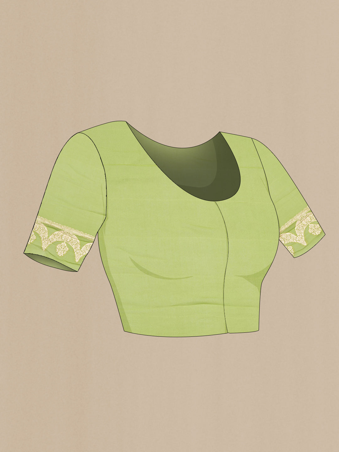 Close up image of the blouse of Light Green Banarasi Georgette Saree with Zari Brocade on the body and Zari Border. 