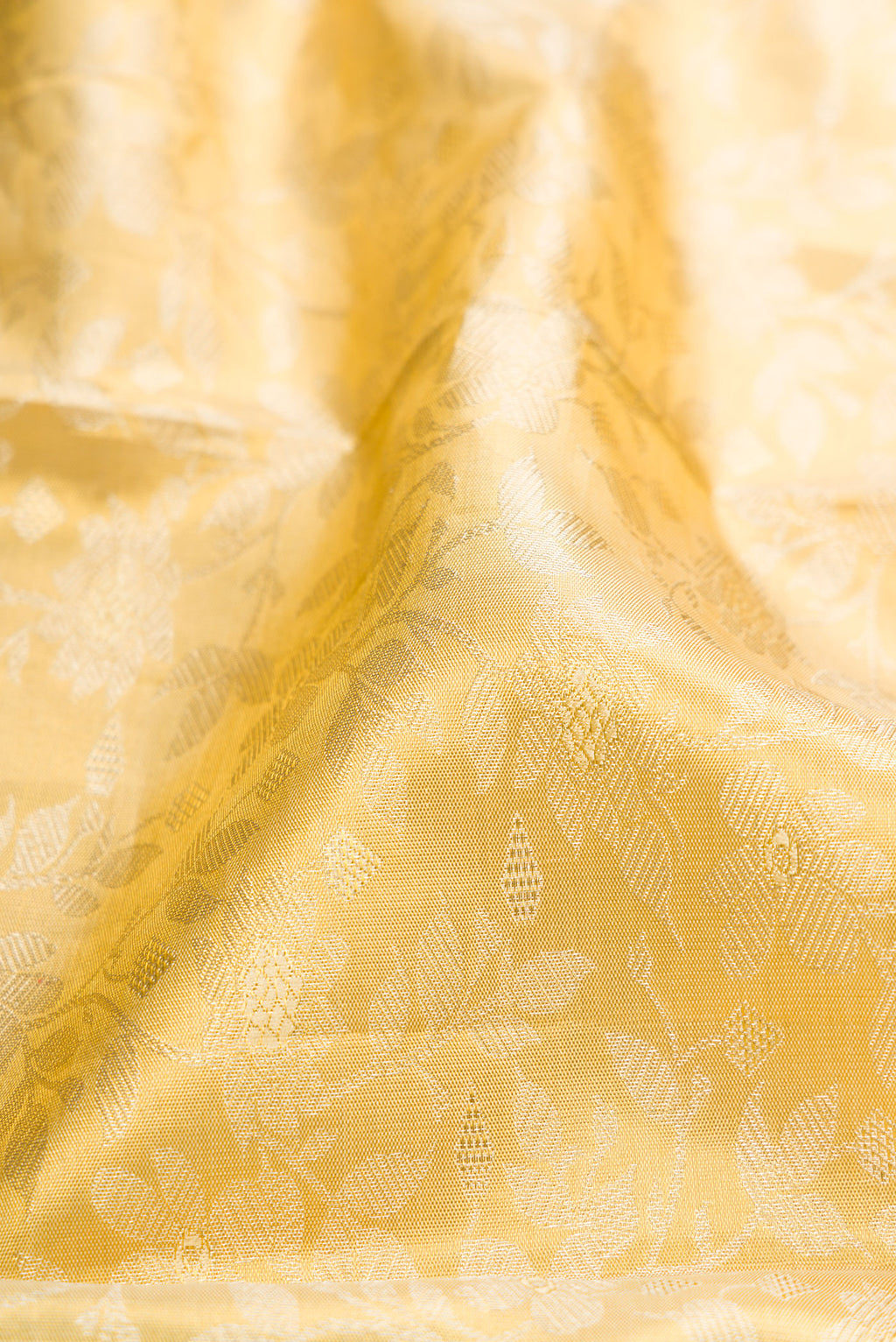 Close up of Gold Dual Tone Kanjivaram Tissue Silk Saree with Zari Brocade on the body and Fancy Border.  displaying folds