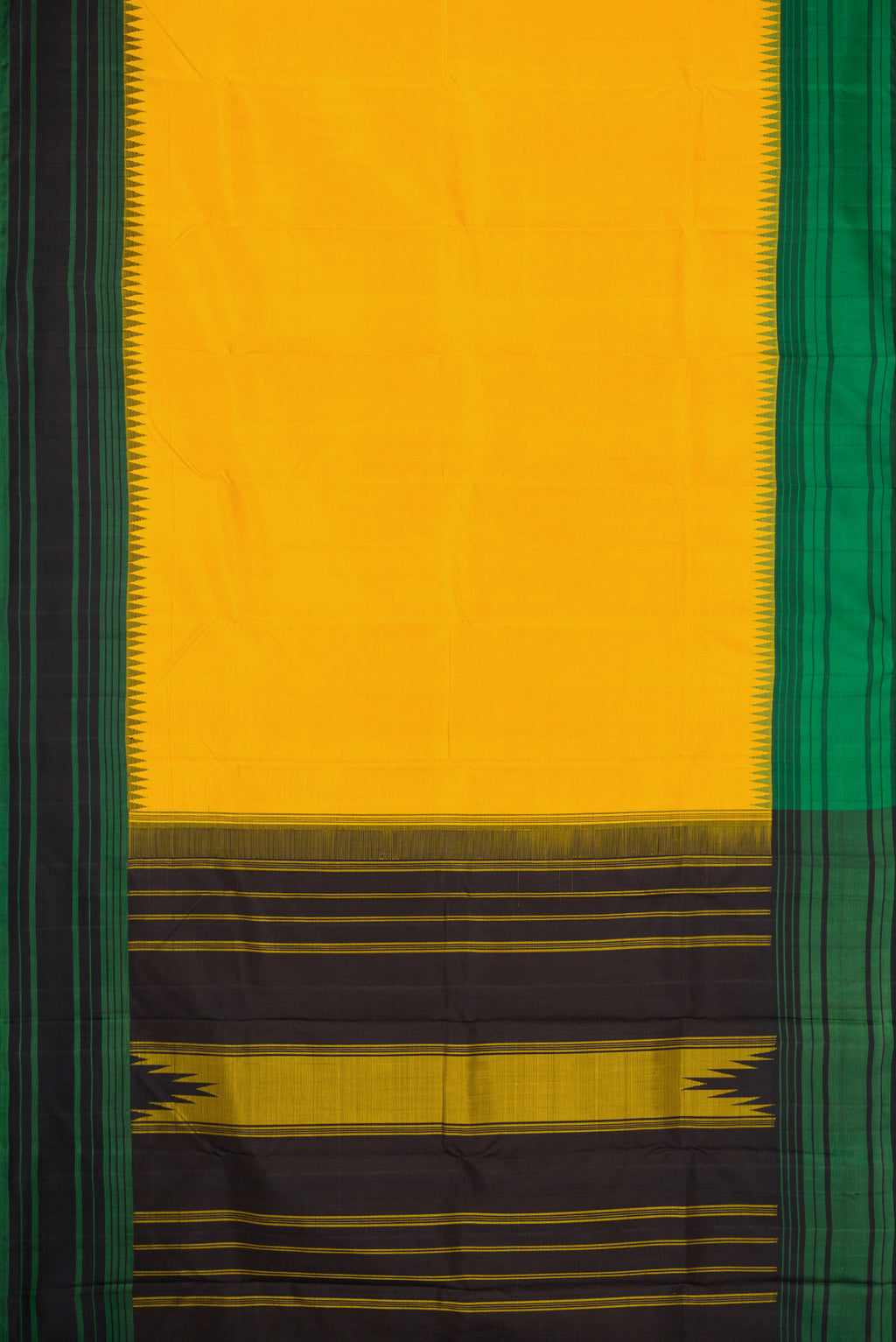 Flat view of Mustard Dual Tone Kanchipuram Silk Saree with Plain Body and Thread Border