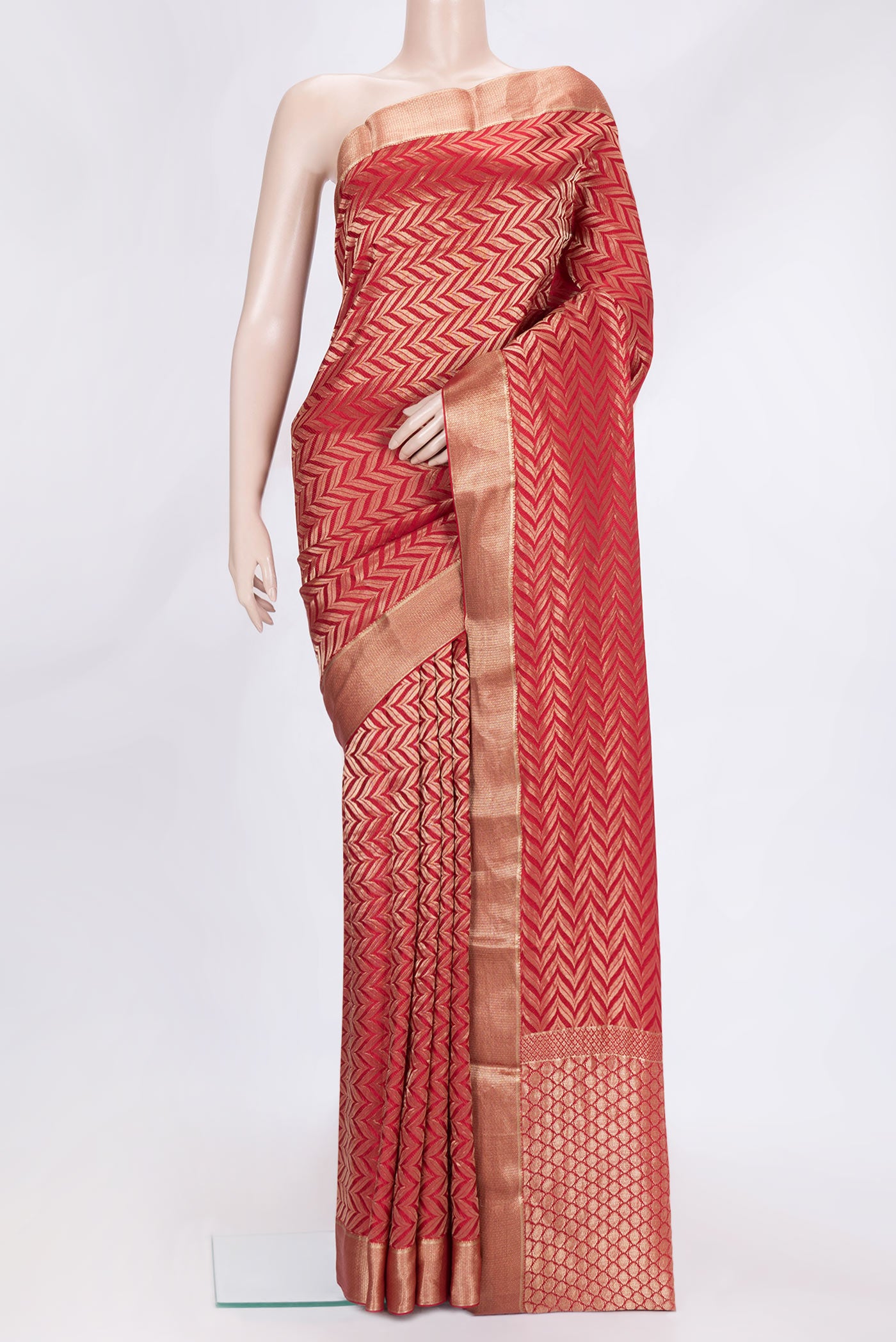 Red Dual Tone Mysore Georgette Saree with Zari Brocade on the body and Zari Border.  displayed on a mannequin