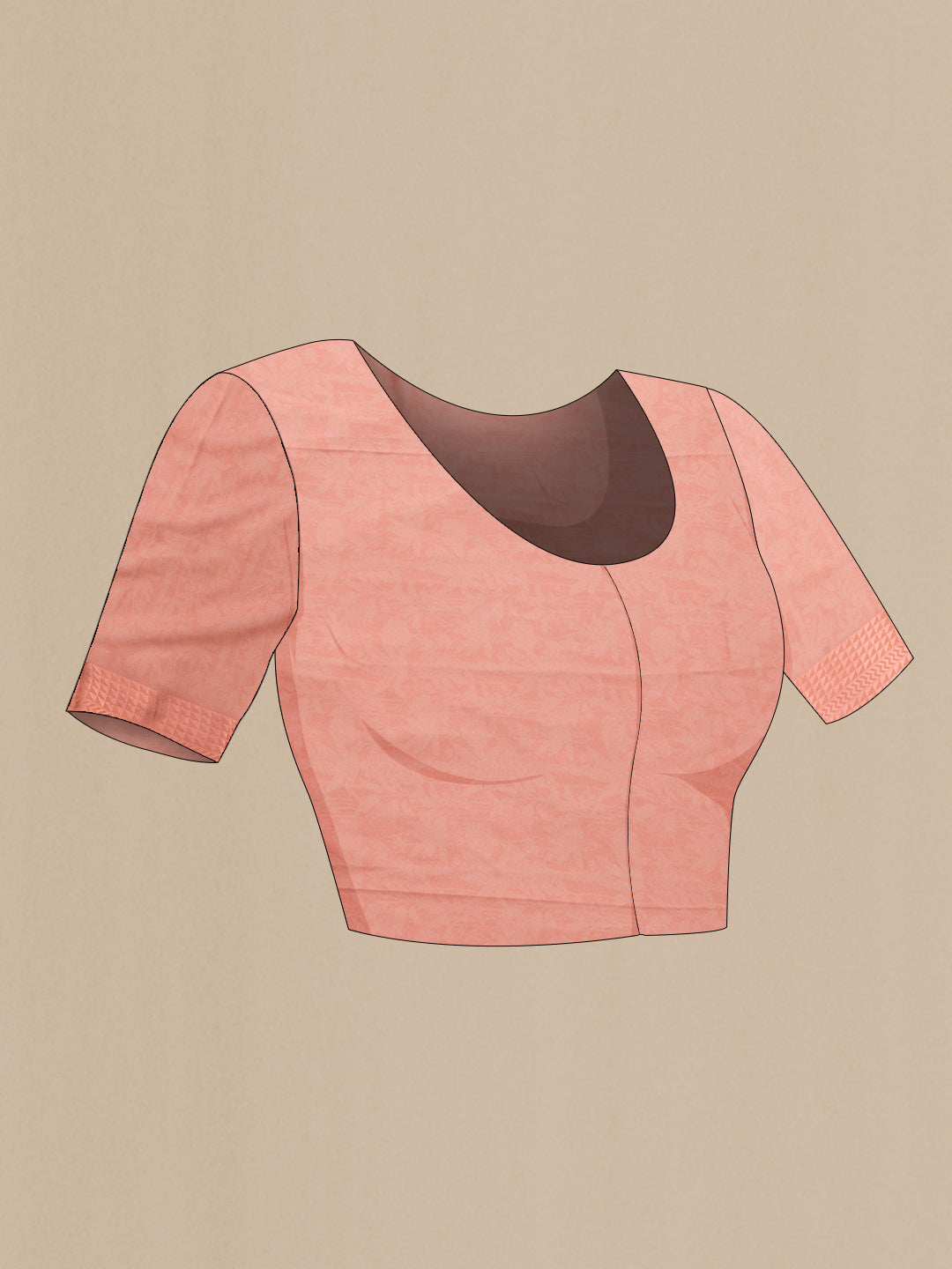 Close up image of the blouse of Peach Dual Tone Georgette Saree with Printed design on the body and Zari Border. 