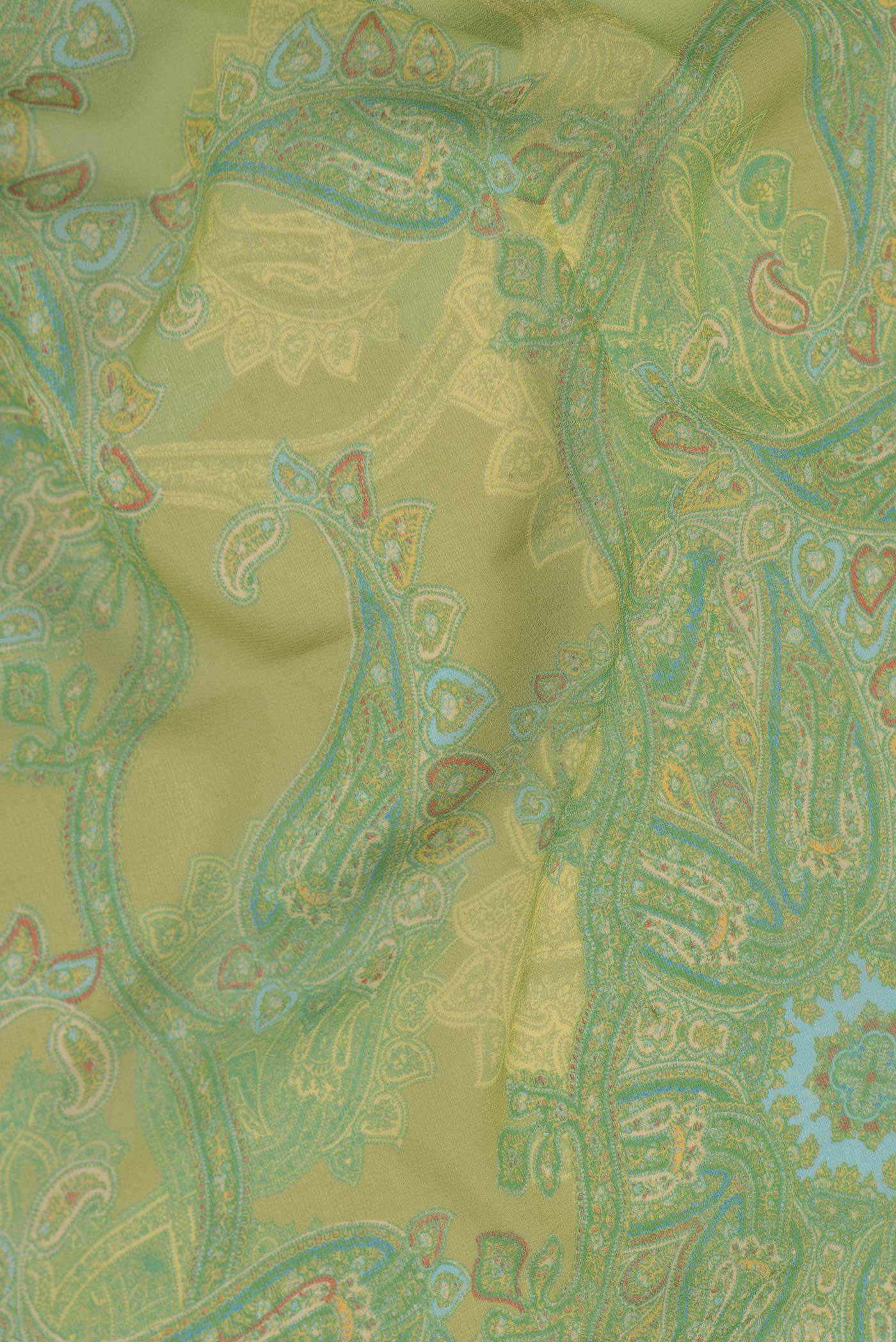 Close up of Light Green Mysore Georgette Saree with Printed design on the body and Zari Border displaying folds