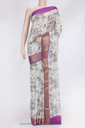 Off White Dual Tone Mysore Georgette Saree with Printed design on the body and Zari Border.  displayed on a mannequin