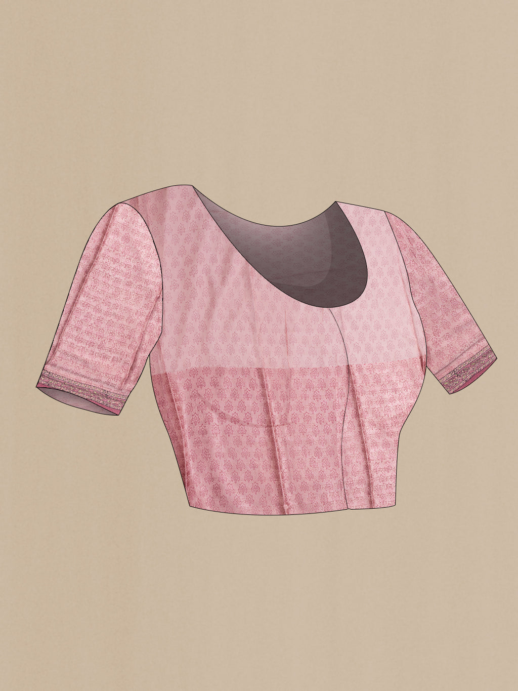 Close up image of the blouse of Pink Dual Tone Mysore Georgette Saree with Printed design on the body and Printed Border. 