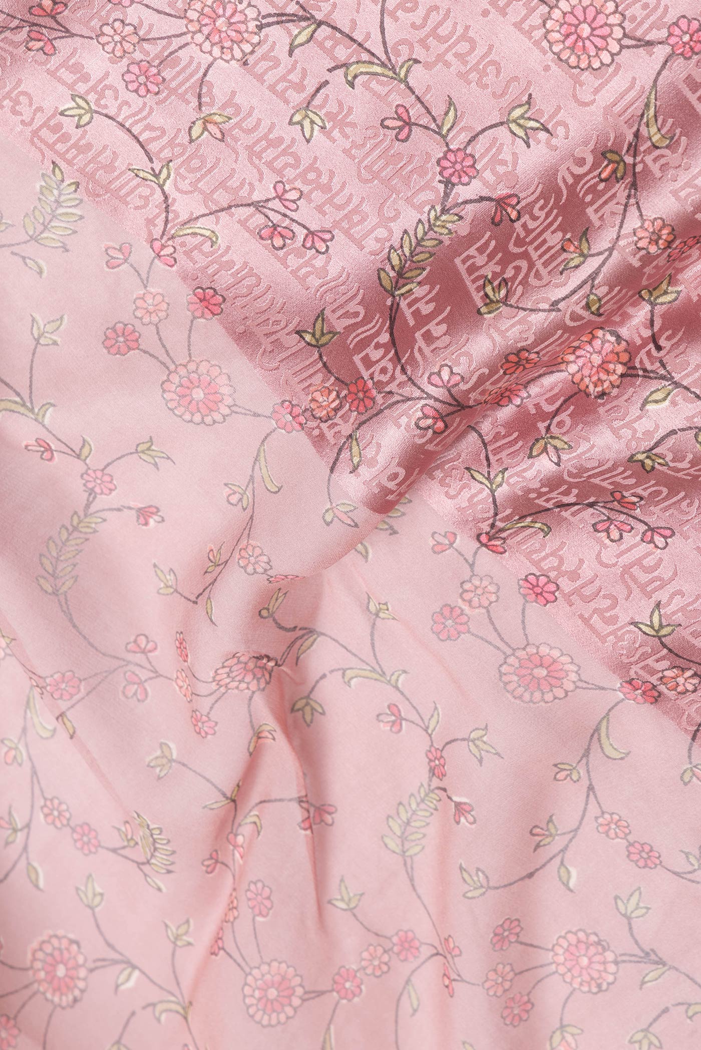 Close up of Pink Dual Tone Mysore Georgette Saree with Printed design on the body and Printed Border.  displaying folds