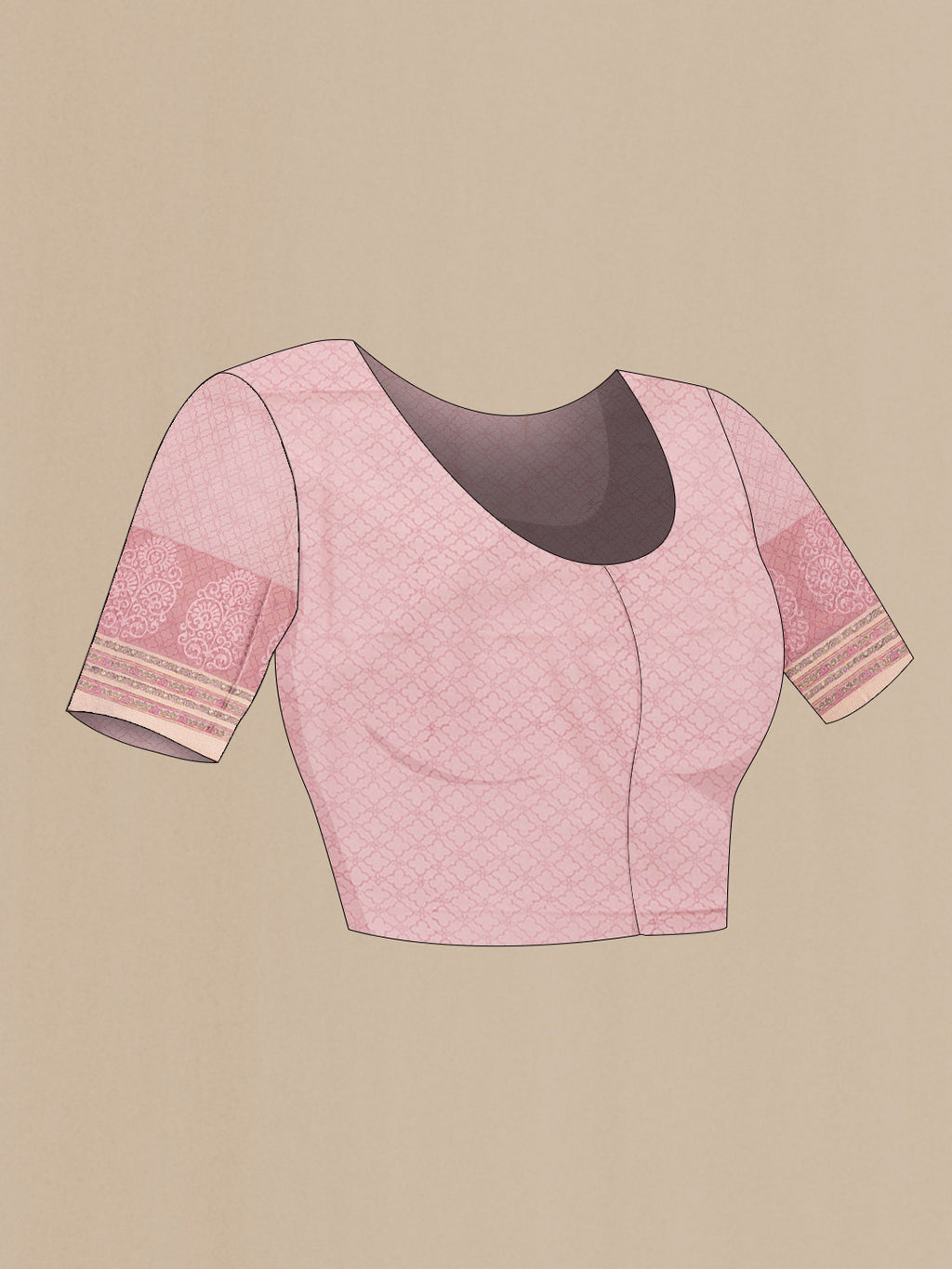 Close up image of the blouse of Rose Gold Dual Tone Mysore Crepe Saree with Printed design on the body and Zari Border. 