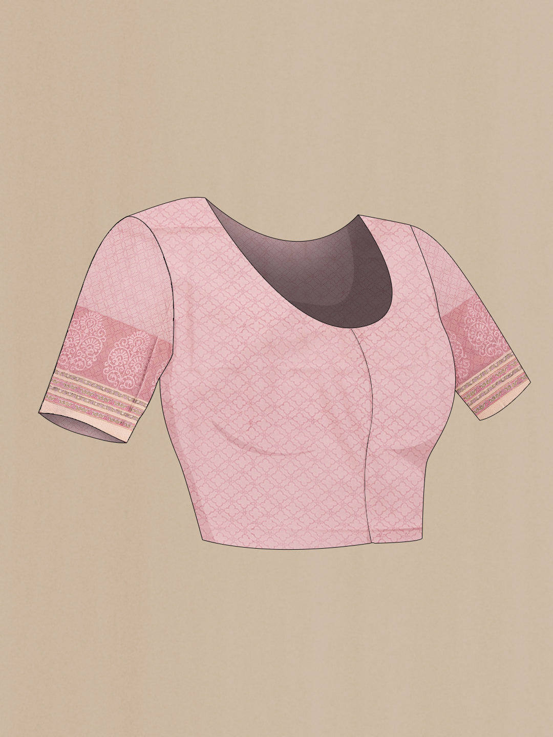 Close up image of the blouse of Rose Gold Dual Tone Mysore Crepe Saree with Printed design on the body and Zari Border. 