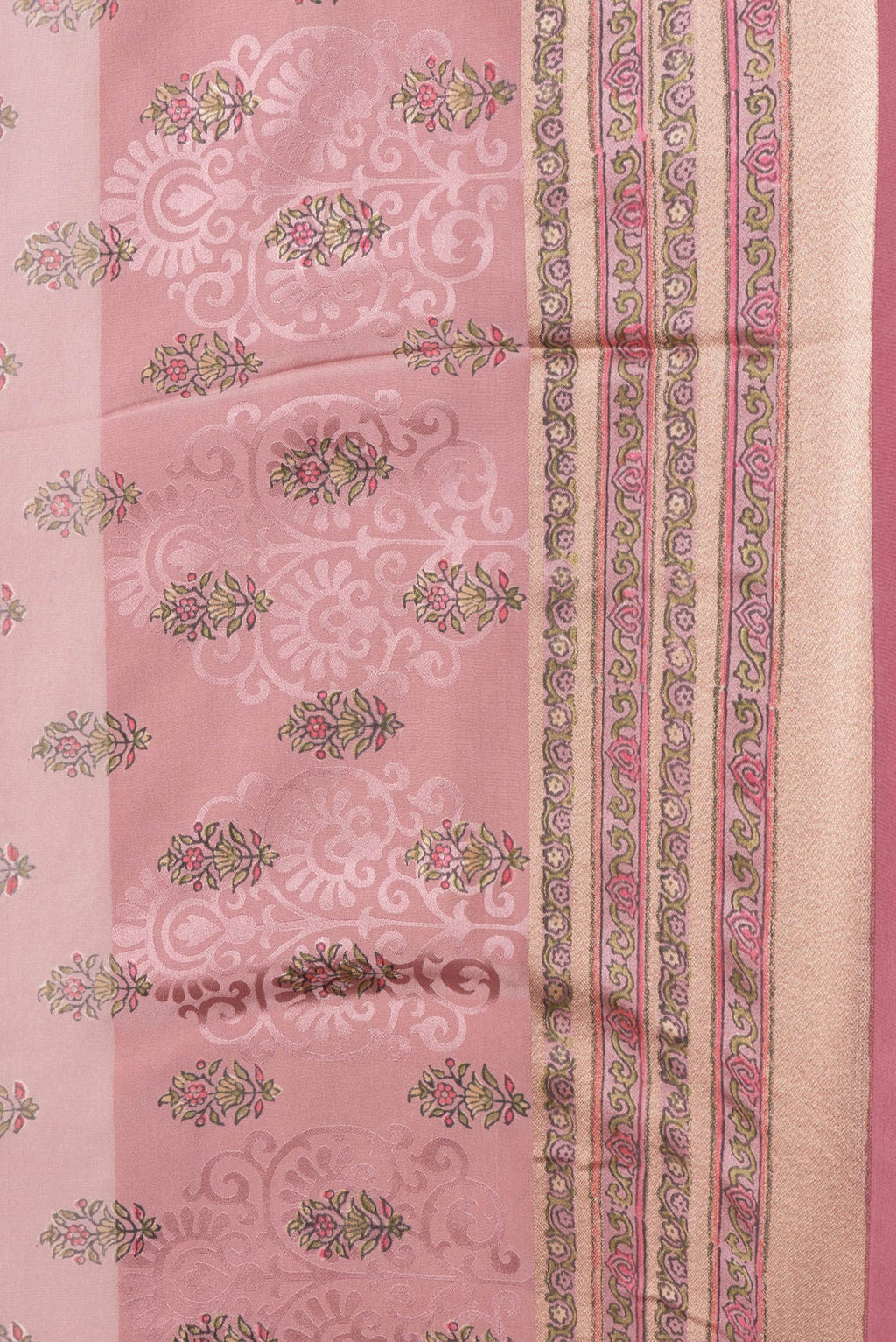 Border image of Rose Gold Dual Tone Mysore Crepe Saree with Printed design on the body and Zari Border. 