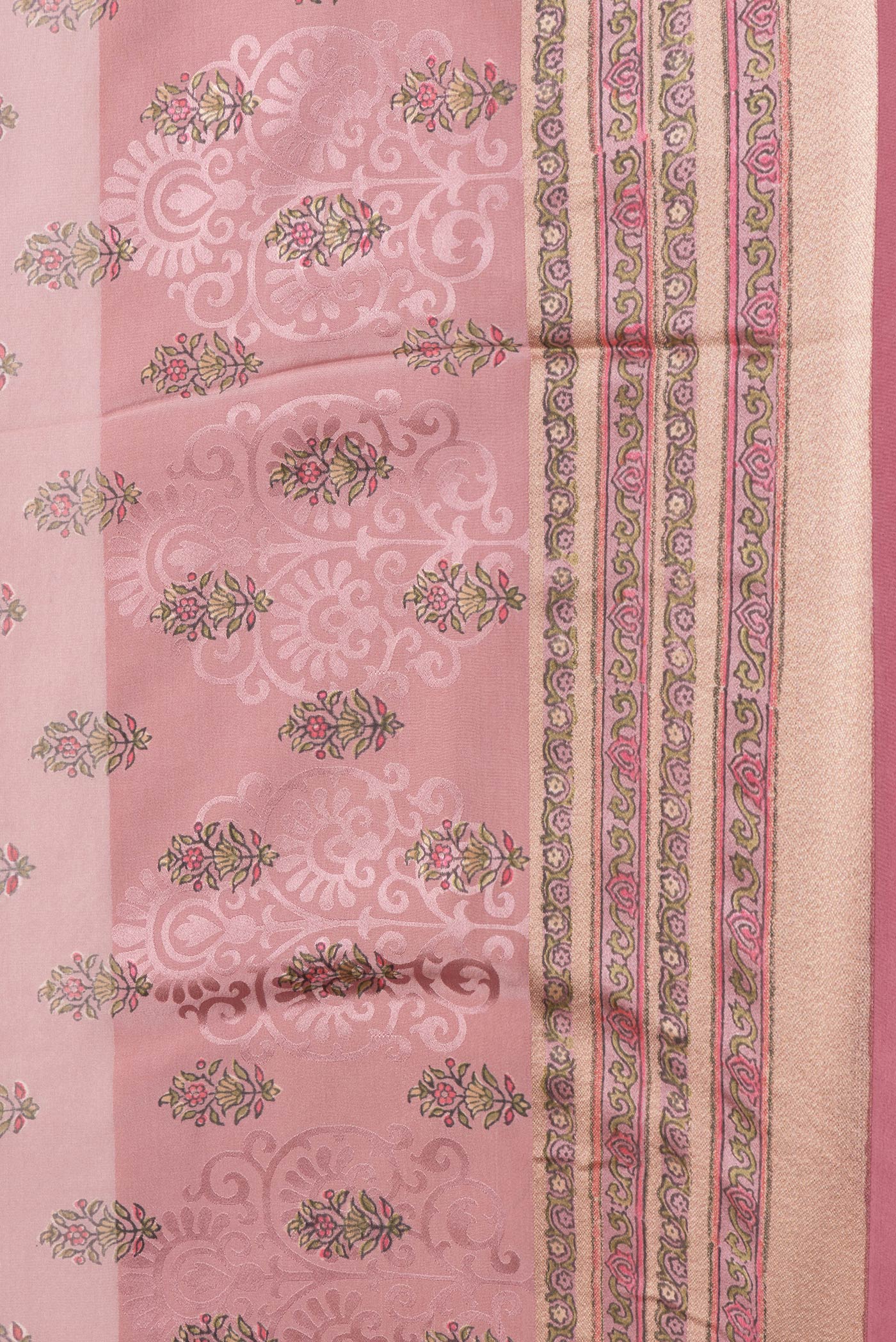 Border image of Rose Gold Dual Tone Mysore Crepe Saree with Printed design on the body and Zari Border. 