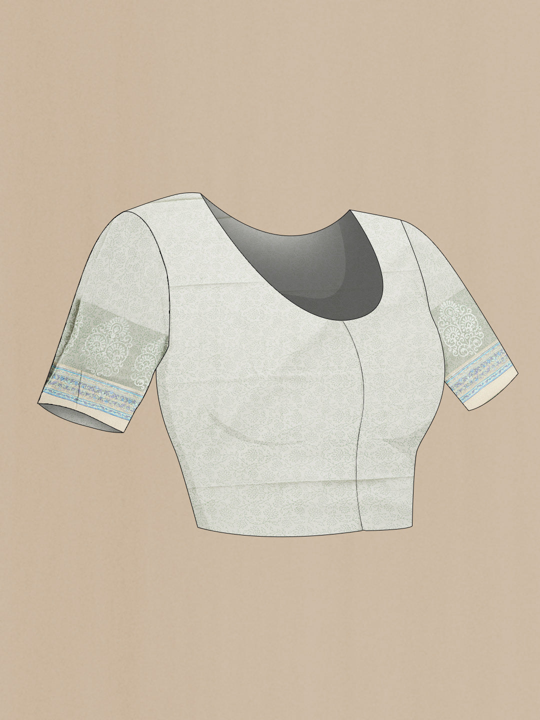 Close up image of the blouse of Grey Dual Tone Mysore Georgette Saree with Printed design on the body and Zari Border. 