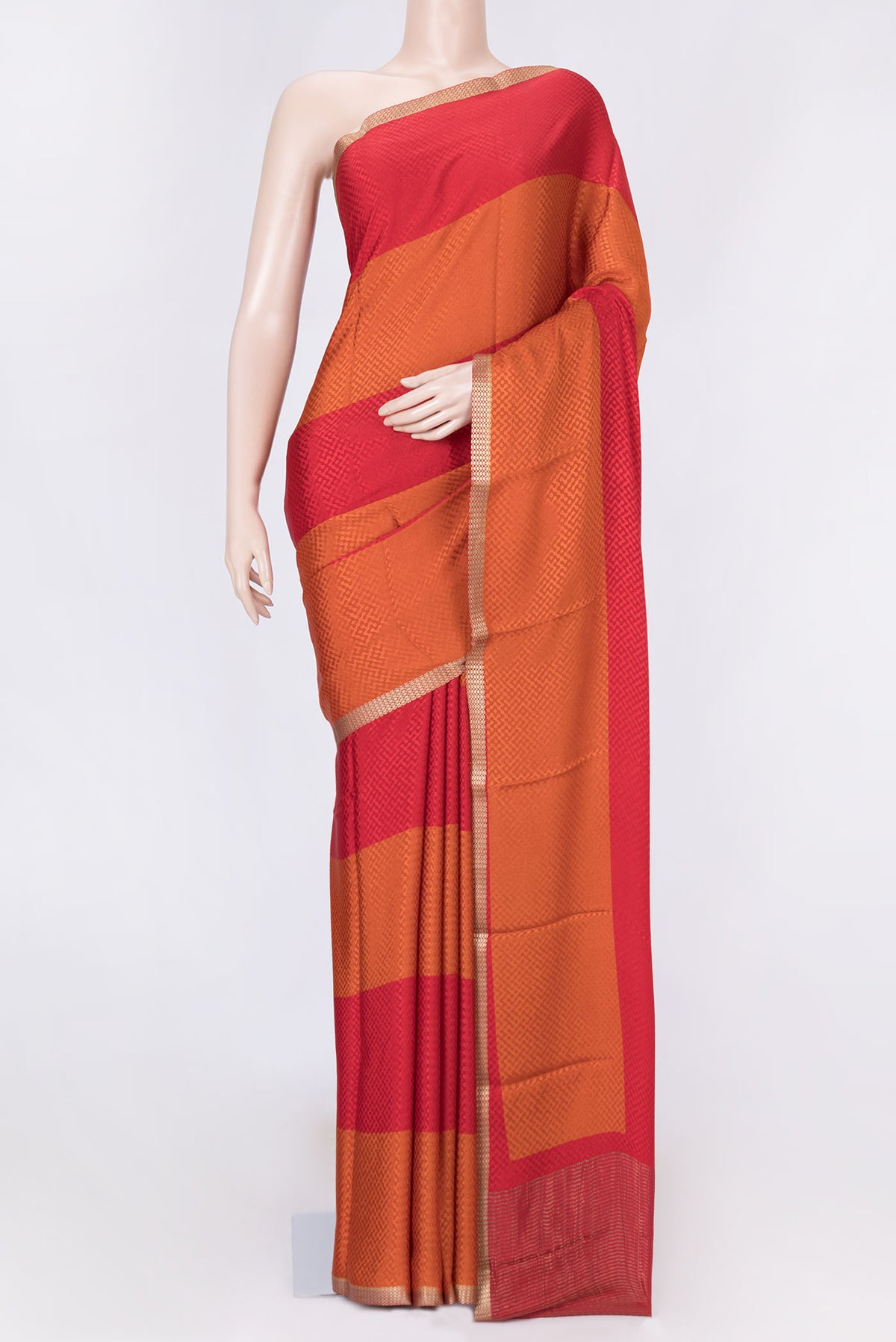 Pink Dual Tone Mysore Crepe Saree with Jacquard design on the body and Zari Border displayed on a mannequin