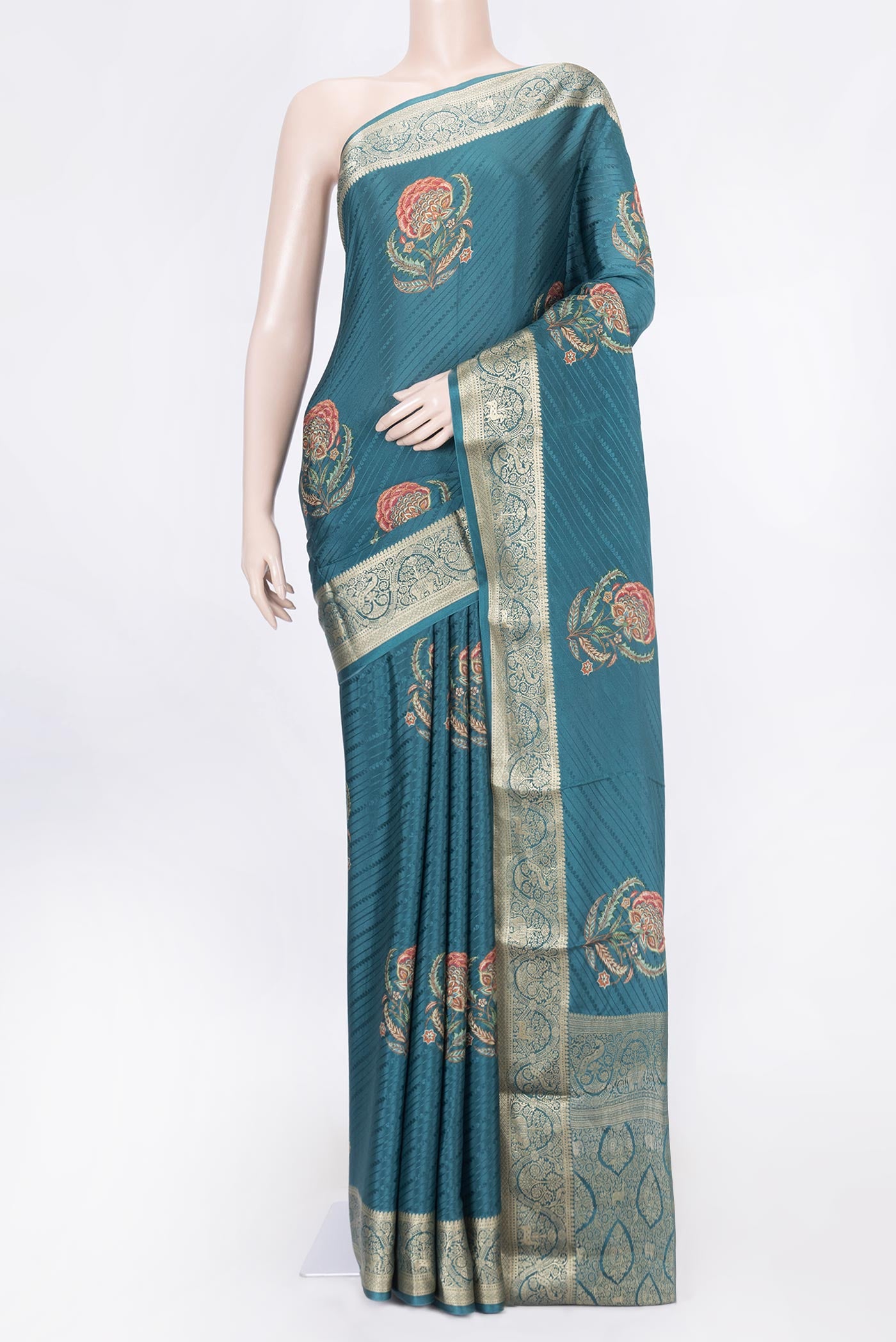 Green Dual Tone Tussar Silk Saree with Printed design on the body and Zari Border displayed on a mannequin