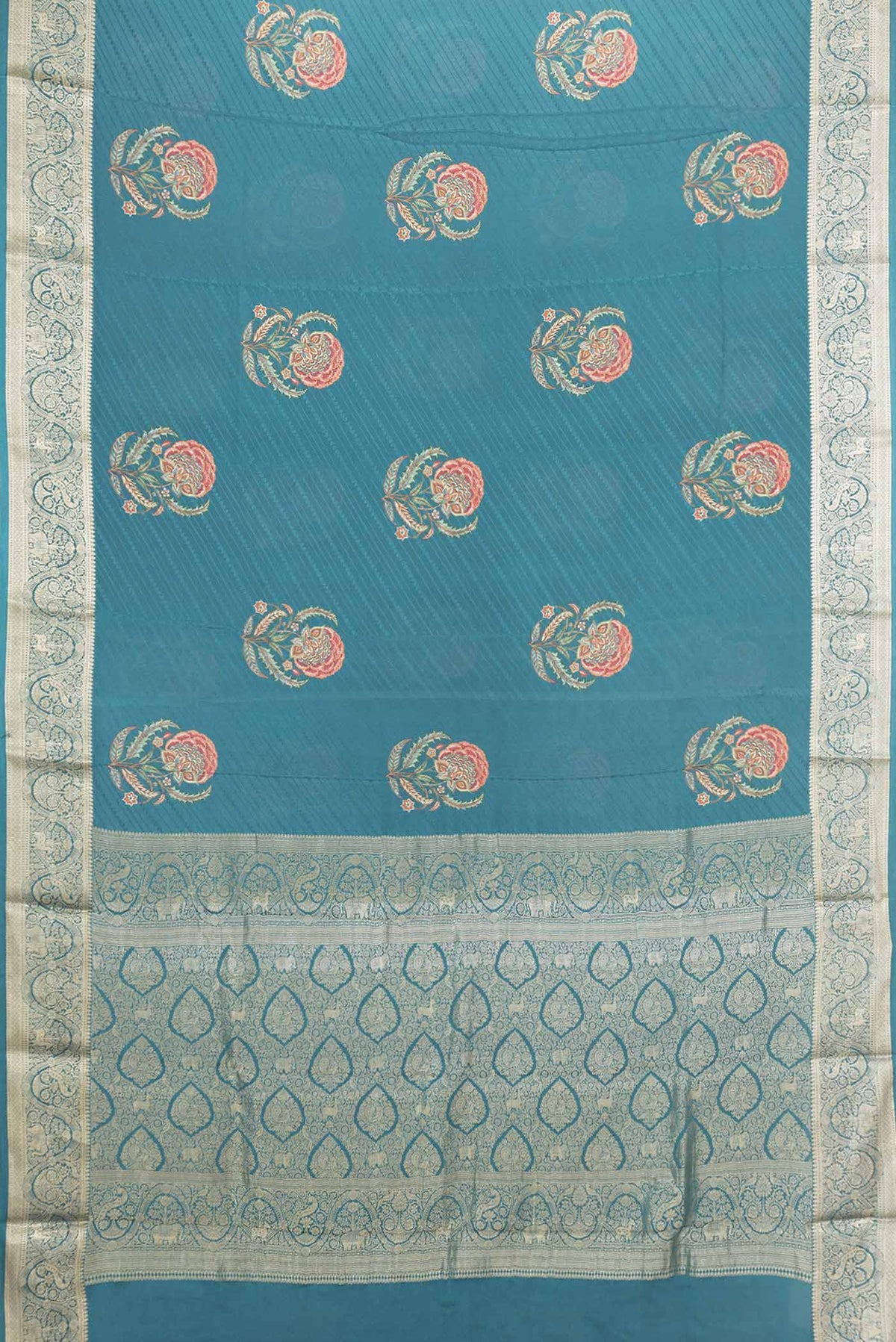 Flat view of Green Dual Tone Tussar Silk Saree with Printed design on the body and Zari Border