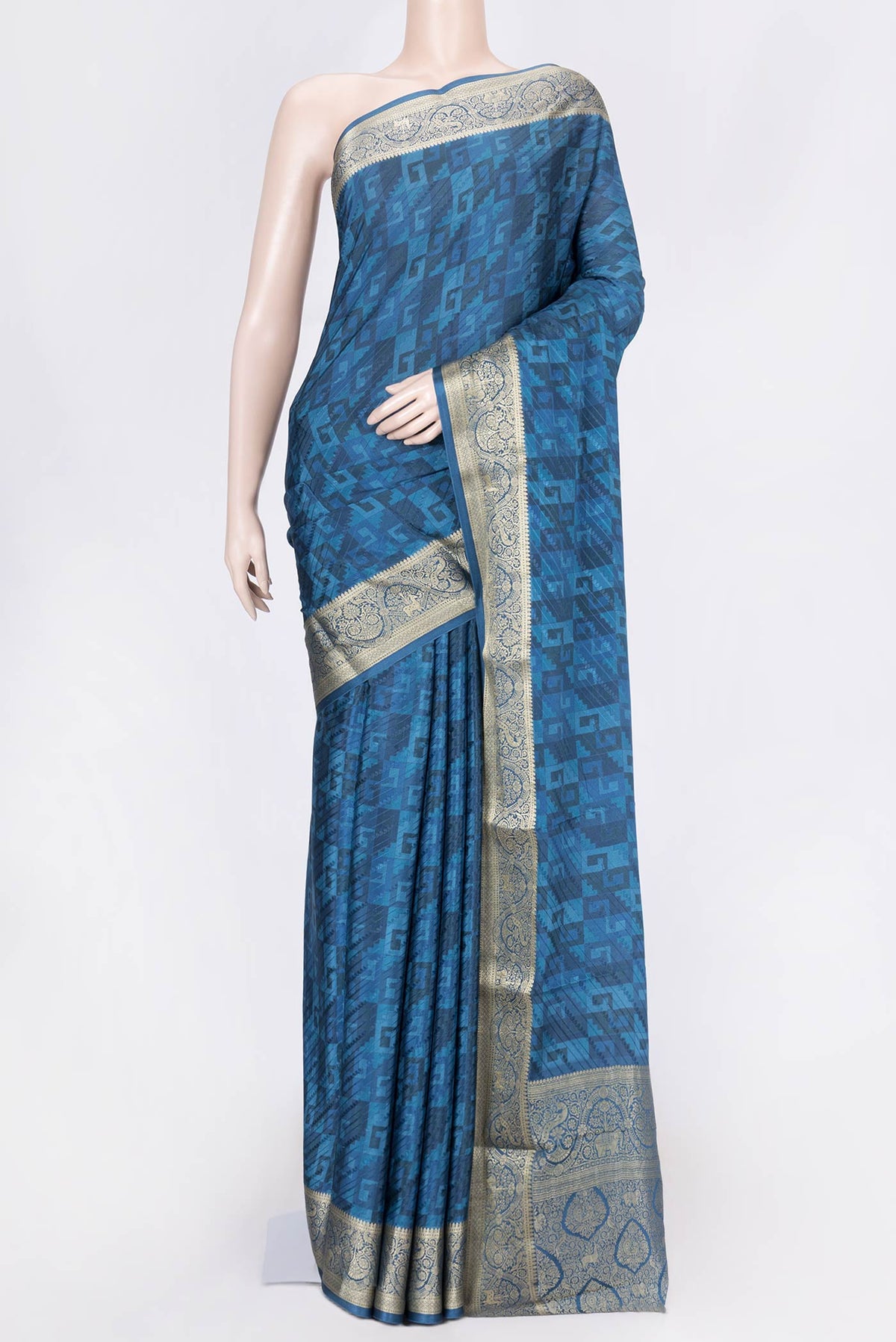 Blue Dual Tone Mysore Crepe Saree with Printed design on the body and Zari Border displayed on a mannequin