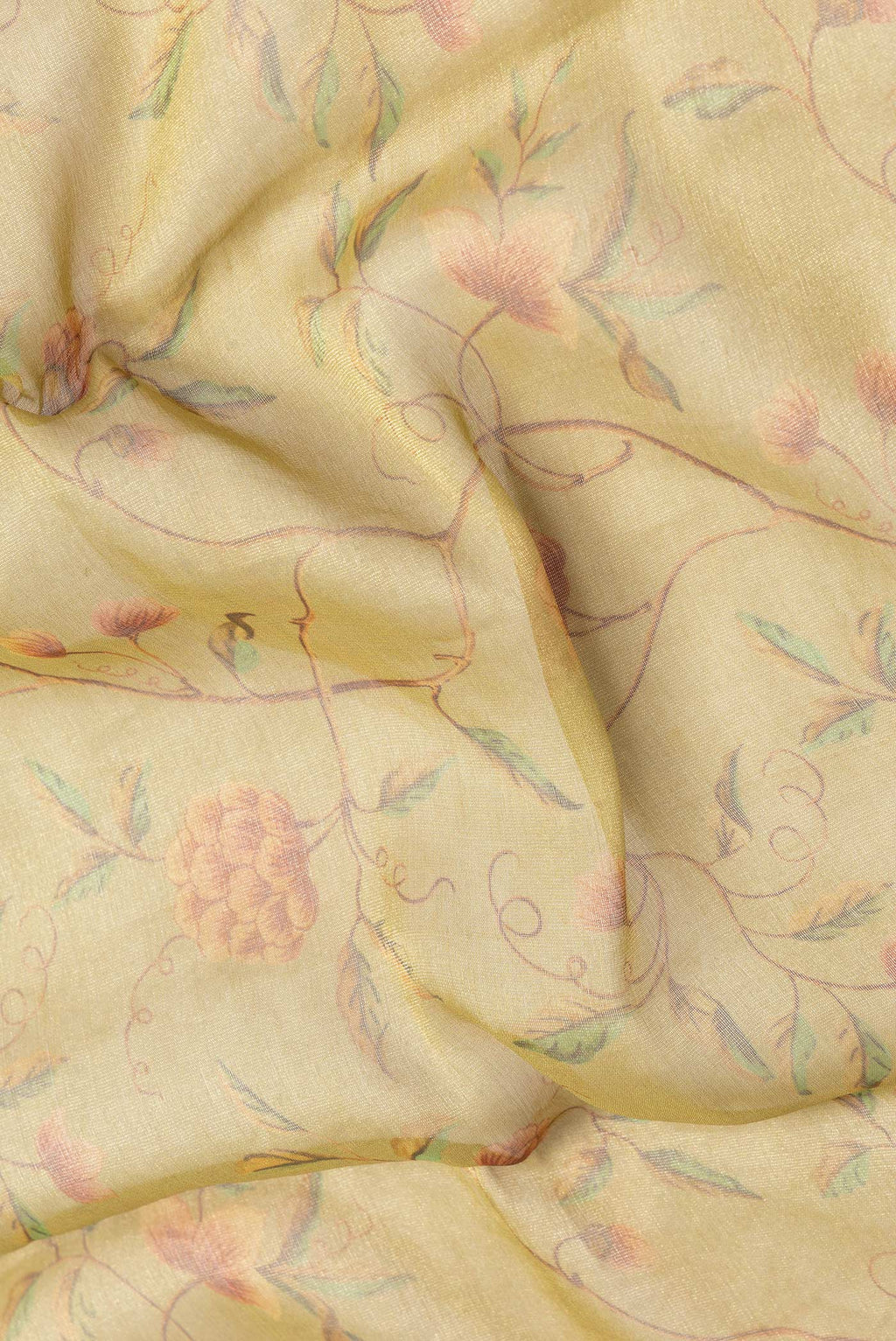 Close up of Pista Green Dual Tone Mysore Georgette Saree with Printed design on the body and Fancy Border.  displaying folds