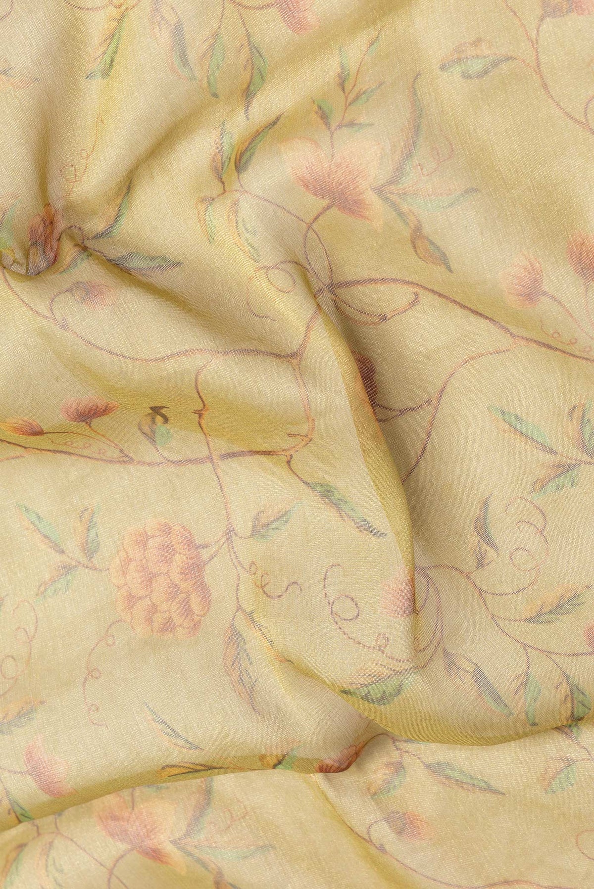 Close up of Pista Green Dual Tone Mysore Georgette Saree with Printed design on the body and Fancy Border.  displaying folds