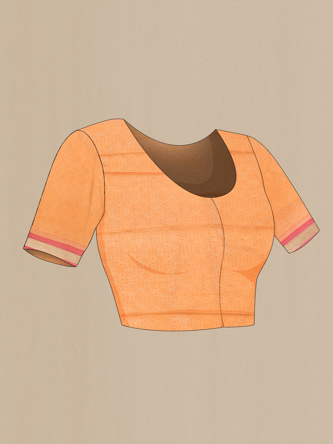 Close up image of the blouse of Brown Dual Tone Mysore Crepe Saree with Printed design on the body and Zari Border. 