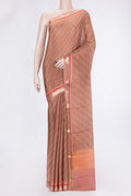 Brown Dual Tone Mysore Crepe Saree with Printed design on the body and Zari Border.  displayed on a mannequin
