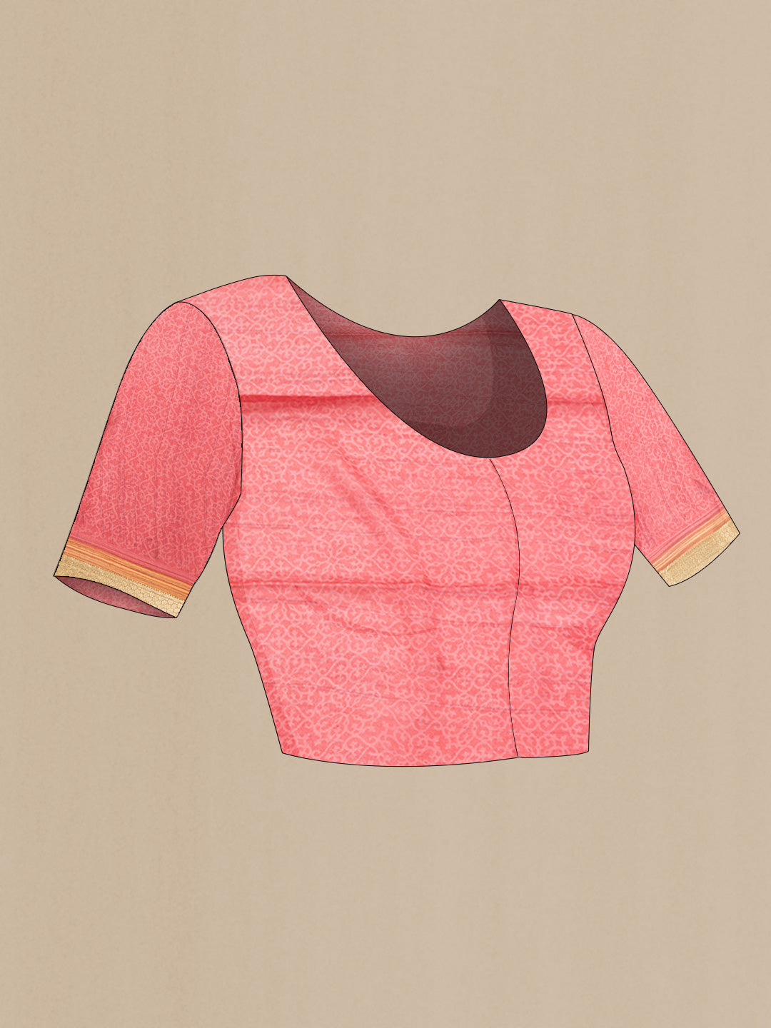 Close up image of the blouse of Sandal Dual Tone Mysore Crepe Saree with Printed design on the body and Zari Border. 