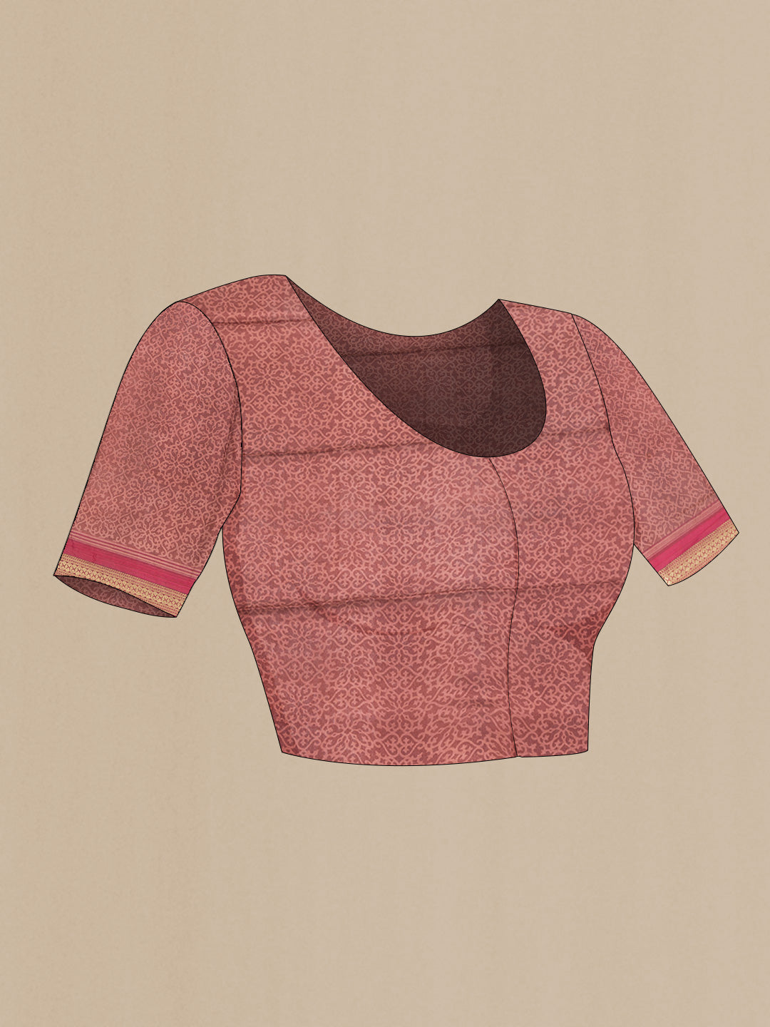 Close up image of the blouse of Black Dual Tone Mysore Crepe Saree with Printed design on the body and Zari Border. 