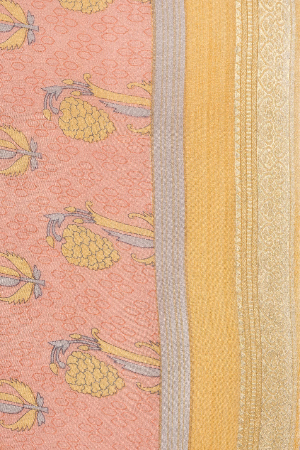 Border image of Peach Dual Tone Crepe Saree with Printed design on the body and Zari Border. 