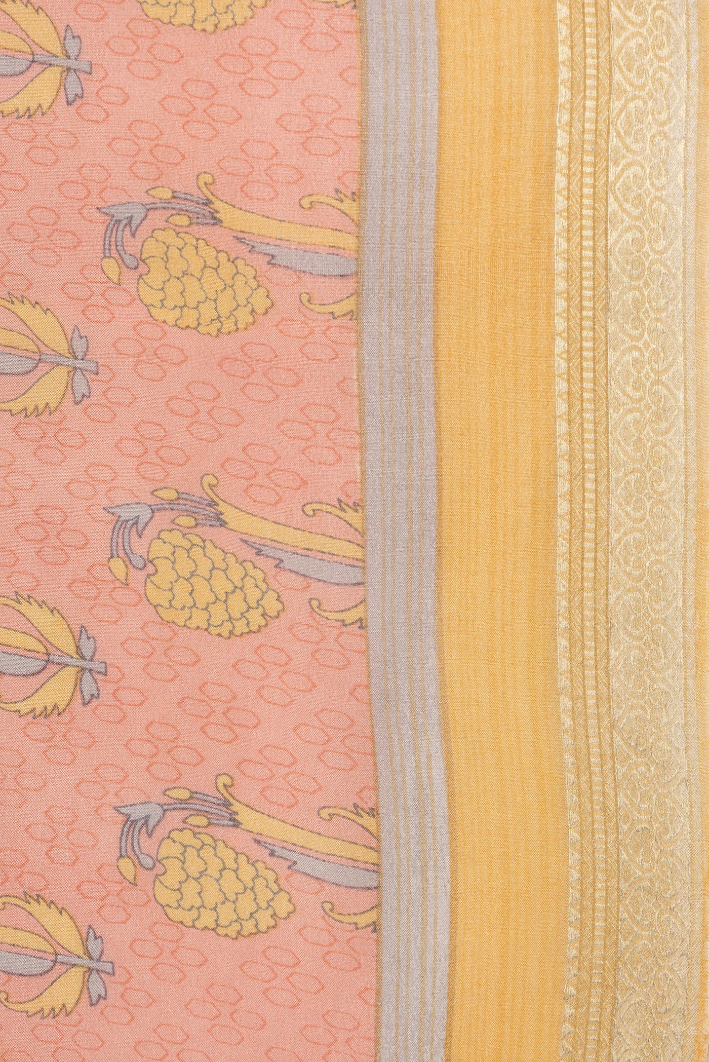 Border image of Peach Dual Tone Crepe Saree with Printed design on the body and Zari Border. 