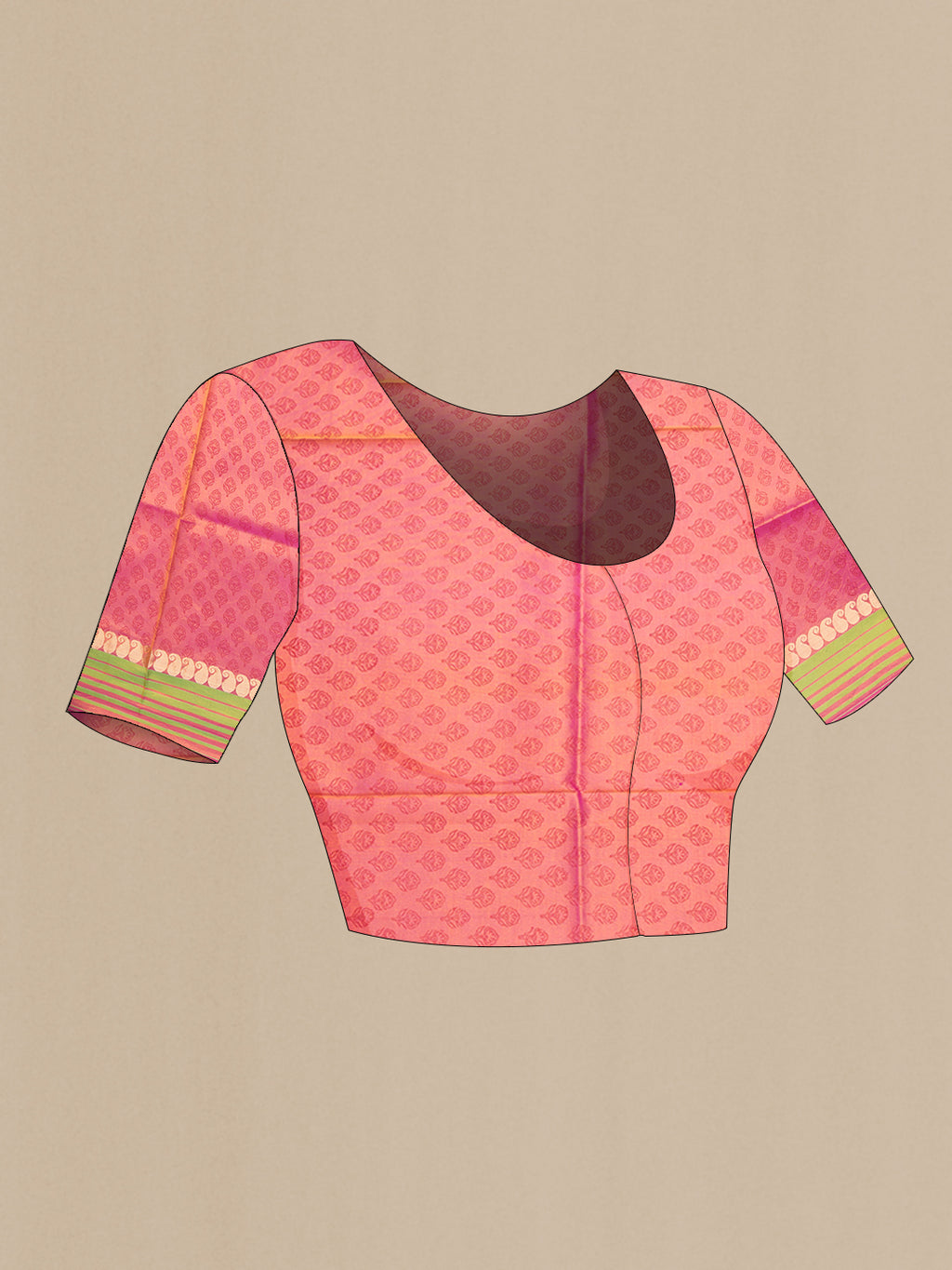 Close up image of the blouse of Mustard Dual Tone Kanchipuram Silk Saree with Printed design on the body and Zari Border. 