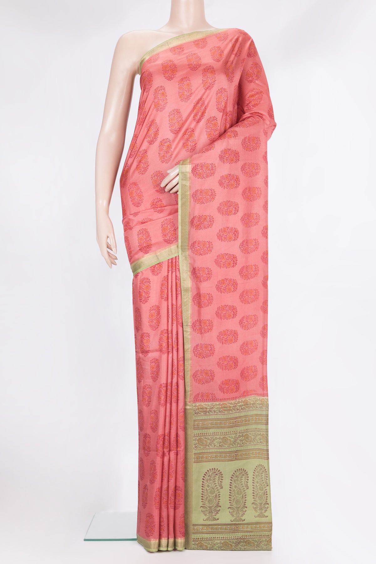 Pure Silk Rose pink Dual Tone Kanchipuram Saree with Printed design on the body and Zari Border.  displayed on a mannequin