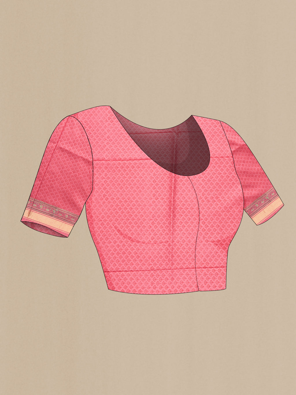 Close up image of the blouse of Pink Dual Tone Kanchipuram Silk Saree with Printed design on the body and Zari Border. 