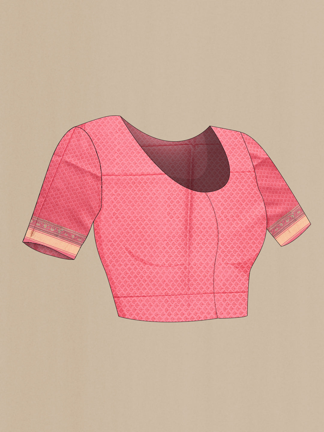 Close up image of the blouse of Pink Dual Tone Kanchipuram Silk Saree with Printed design on the body and Zari Border. 