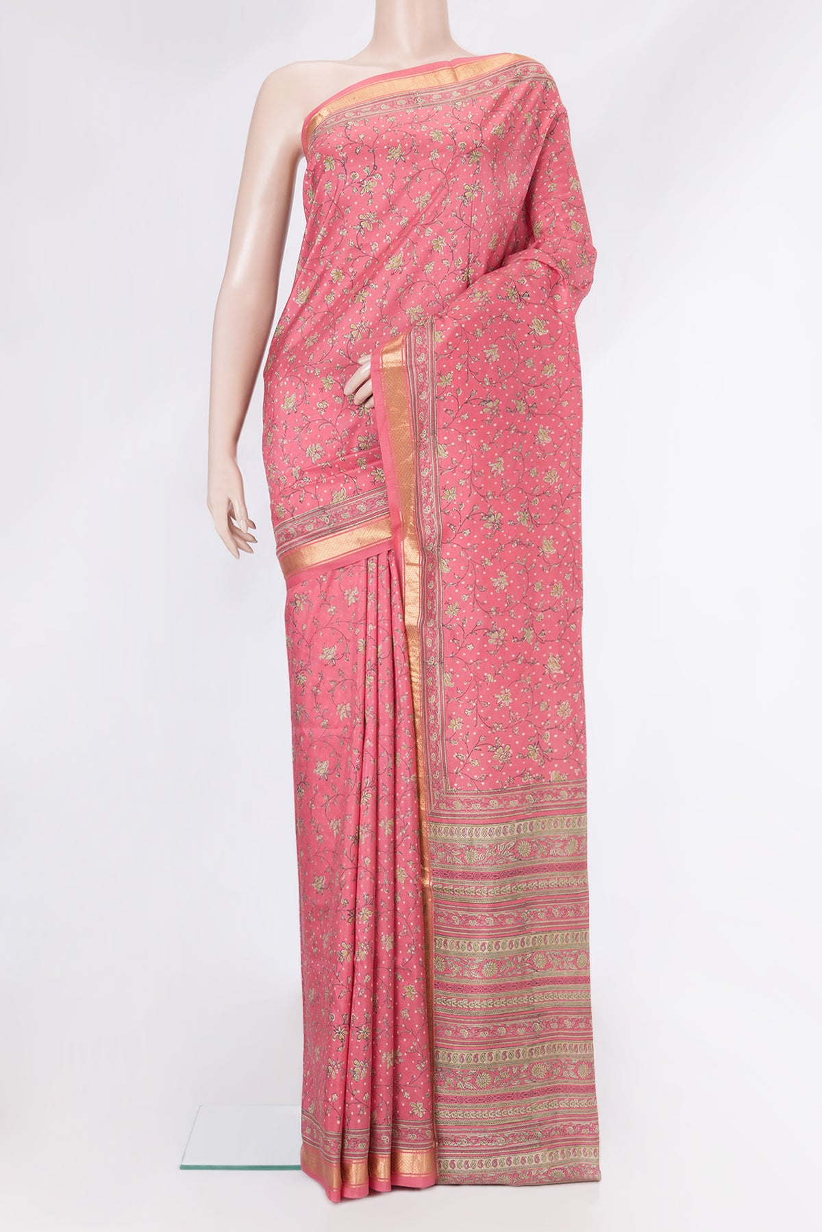 Pink Dual Tone Kanchipuram Silk Saree with Printed design on the body and Zari Border.  displayed on a mannequin