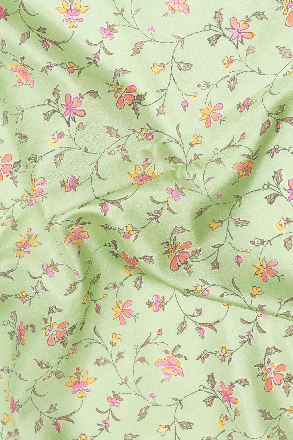 Close up of Pure Silk Pista Green Dual Tone Kanchipuram Saree with Printed design on the body and Zari Border.  displaying folds