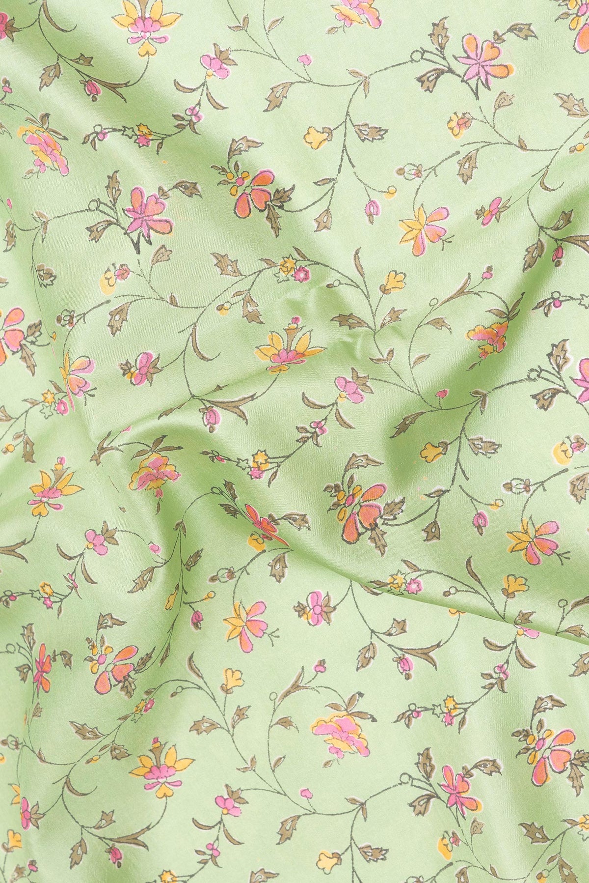 Close up of Pure Silk Pista Green Dual Tone Kanchipuram Saree with Printed design on the body and Zari Border.  displaying folds