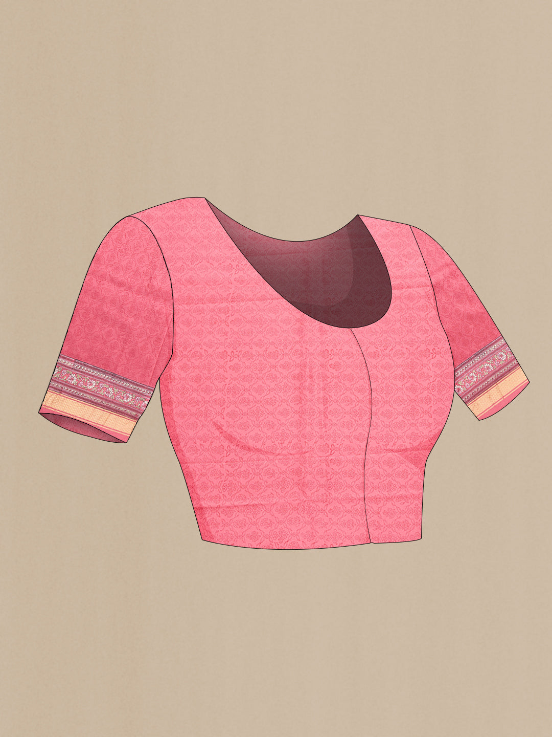 Close up image of the blouse of Pink Dual Tone Kanchipuram Silk Saree with Printed design on the body and Zari Border. 