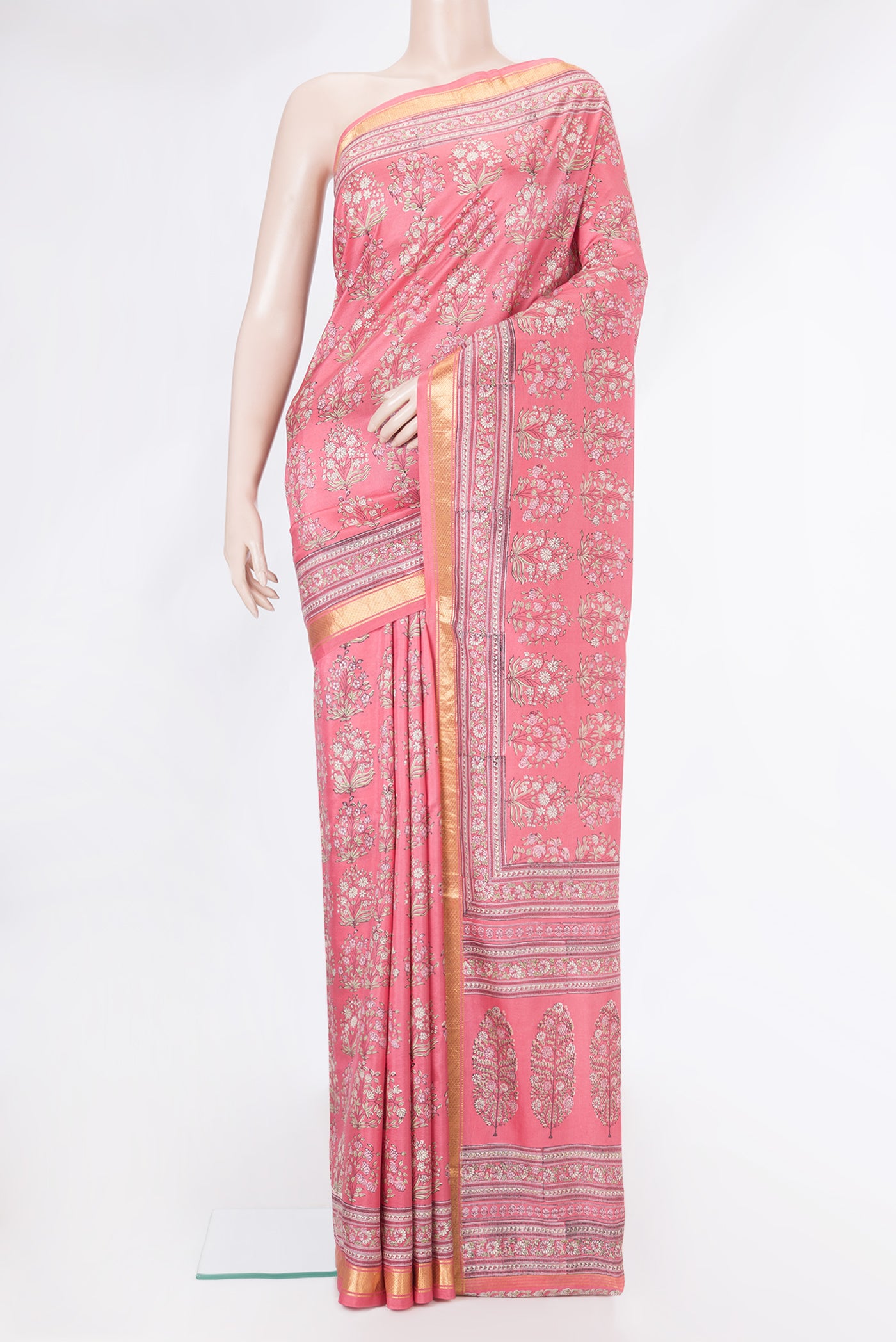 Pink Dual Tone Kanchipuram Silk Saree with Printed design on the body and Zari Border.  displayed on a mannequin