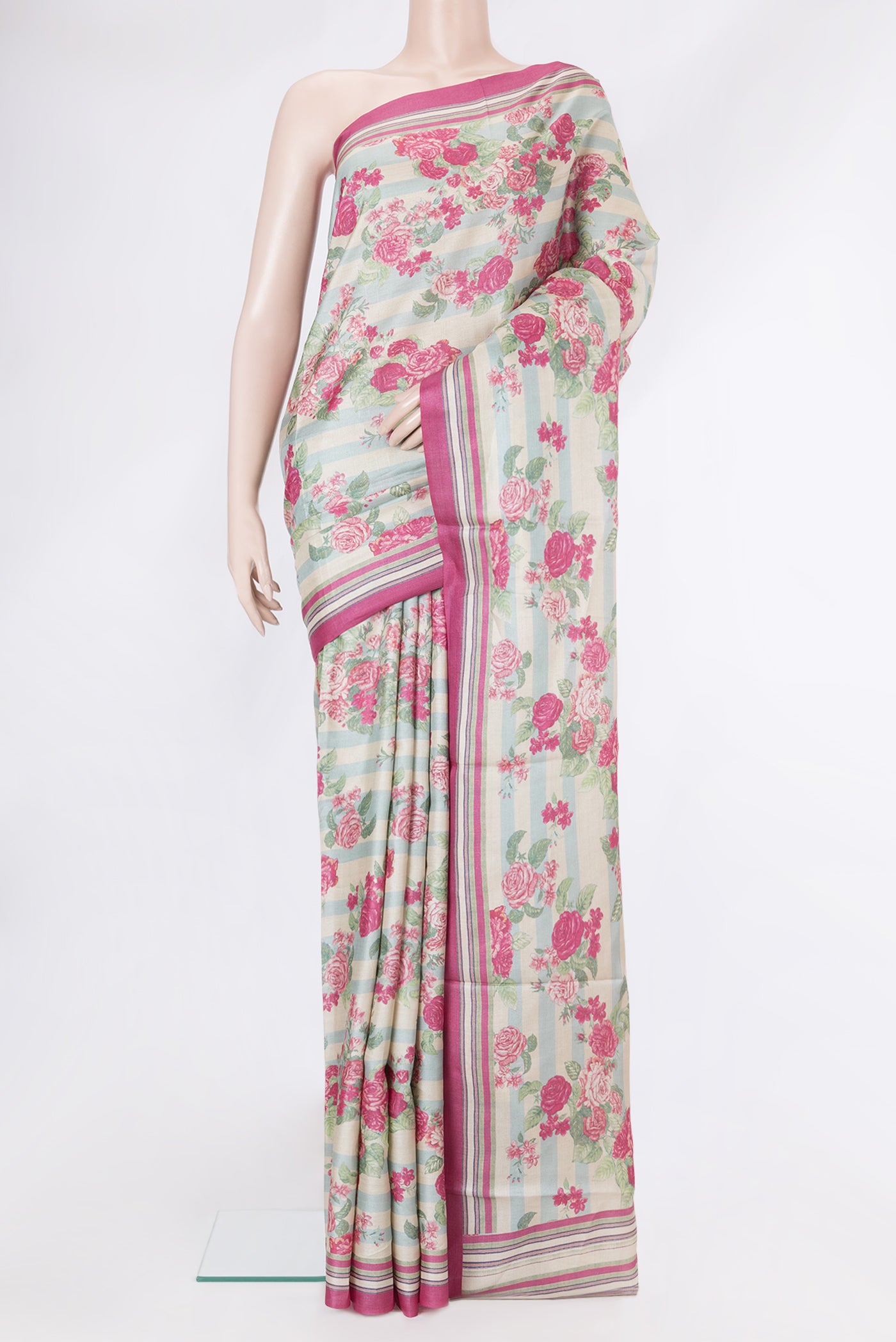 Lavender Dual Tone Kanchipuram Silk Saree with Printed design on the body and Zari Border.  displayed on a mannequin