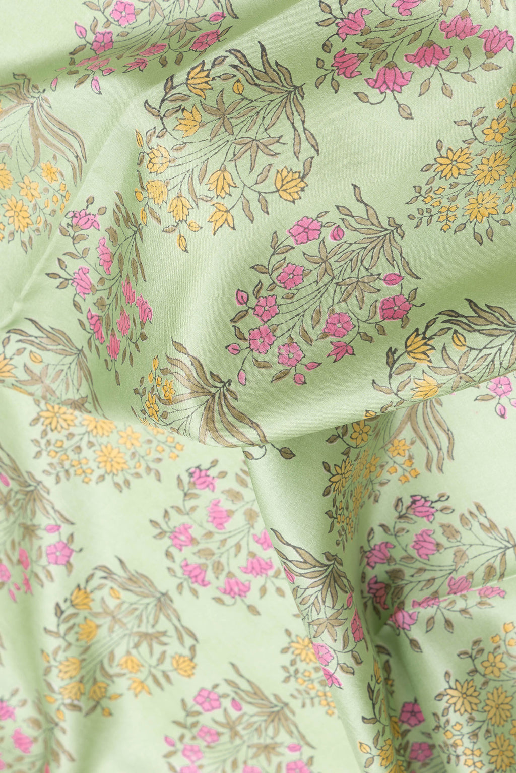 Close up of Light Green Dual Tone Kanchipuram Silk Saree with Printed design on the body and Zari Border.  displaying folds
