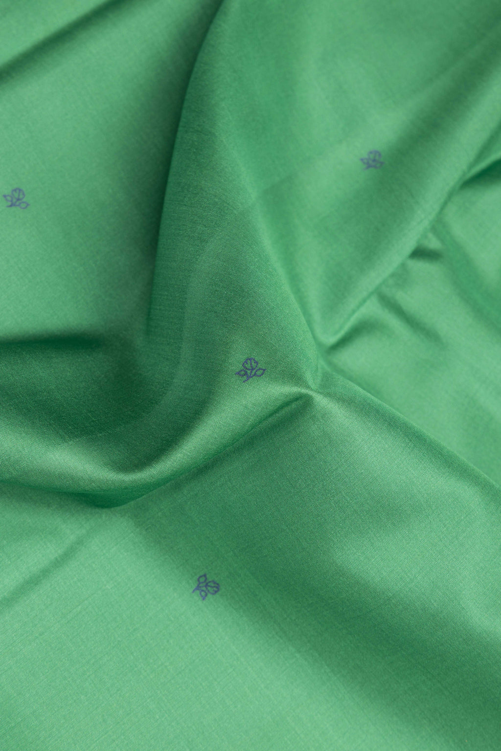 Close up of Pure Silk Green Dual Tone Kanchipuram Saree with Printed design on the body and Zari Border.  displaying folds