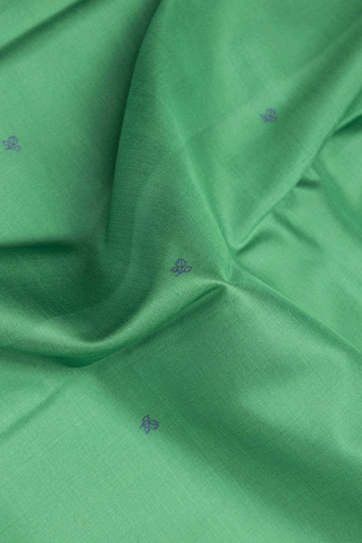 Close up of Pure Silk Green Dual Tone Kanchipuram Saree with Printed design on the body and Zari Border.  displaying folds