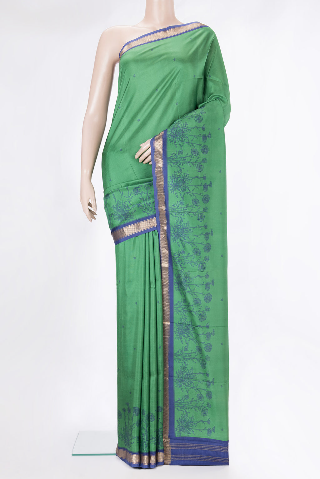 Pure Silk Green Dual Tone Kanchipuram Saree with Printed design on the body and Zari Border.  displayed on a mannequin