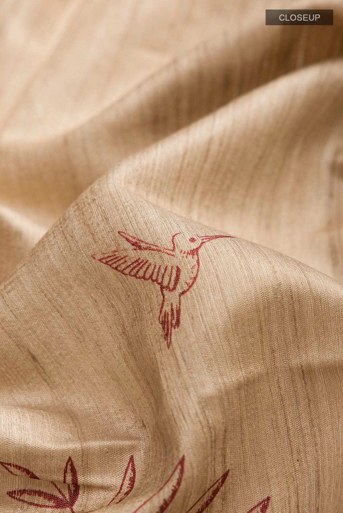 Close up of Cream Bhagalpuri Tussar Silk Saree with Printed design on the body and Zari Border displaying folds