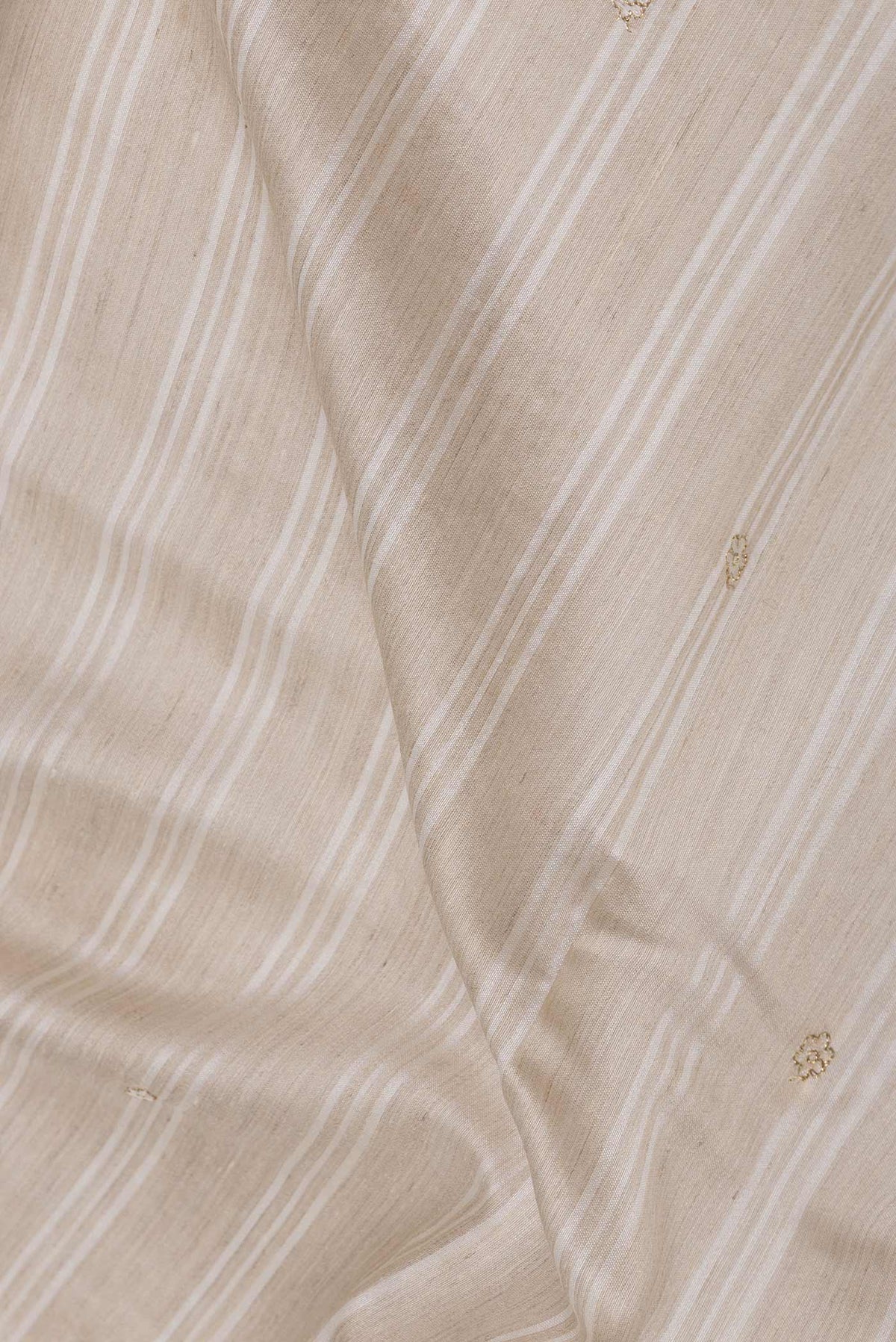 Close up of Beige Dual Tone Tussar Saree with Embroidery on the body and Embroidery Border displaying folds