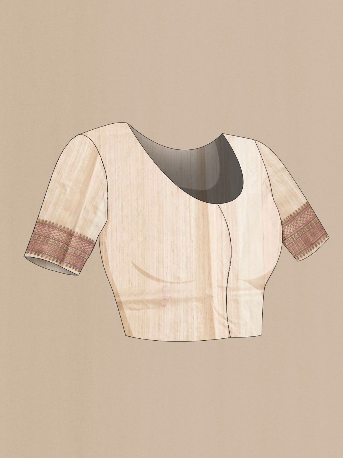 Close up image of the blouse of Beige Bhagalpuri Tussar Silk Saree with Embroidery on the body and Zari Border