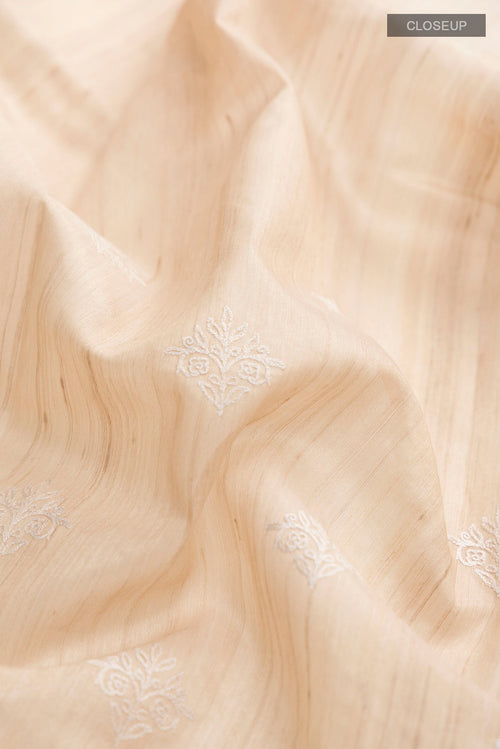 Close up of Beige Bhagalpuri Tussar Silk Saree with Embroidery on the body and Zari Border displaying folds