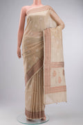 Beige Bhagalpuri Tussar Silk Saree with Embroidery on the body and Zari Border displayed on a mannequin