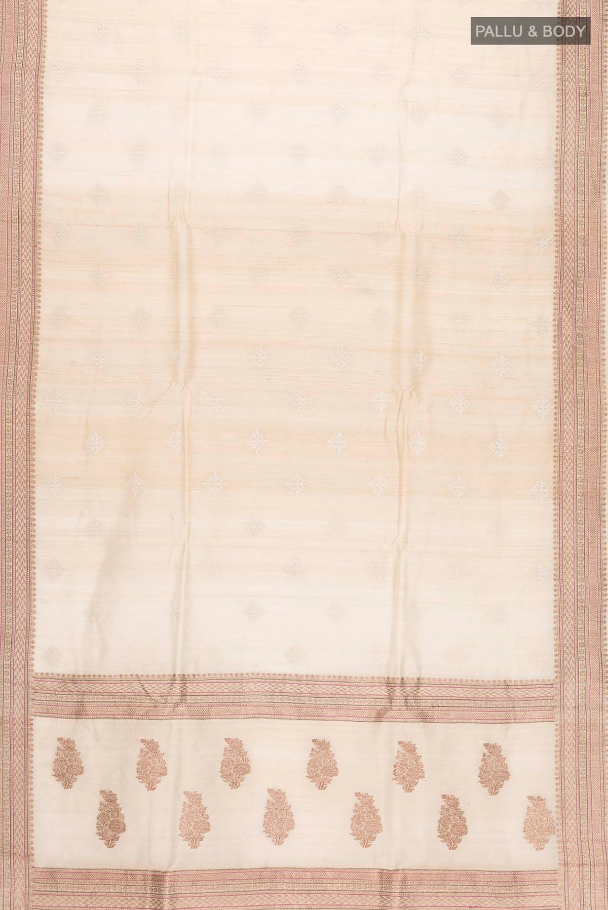 Flat view of Beige Bhagalpuri Tussar Silk Saree with Embroidery on the body and Zari Border