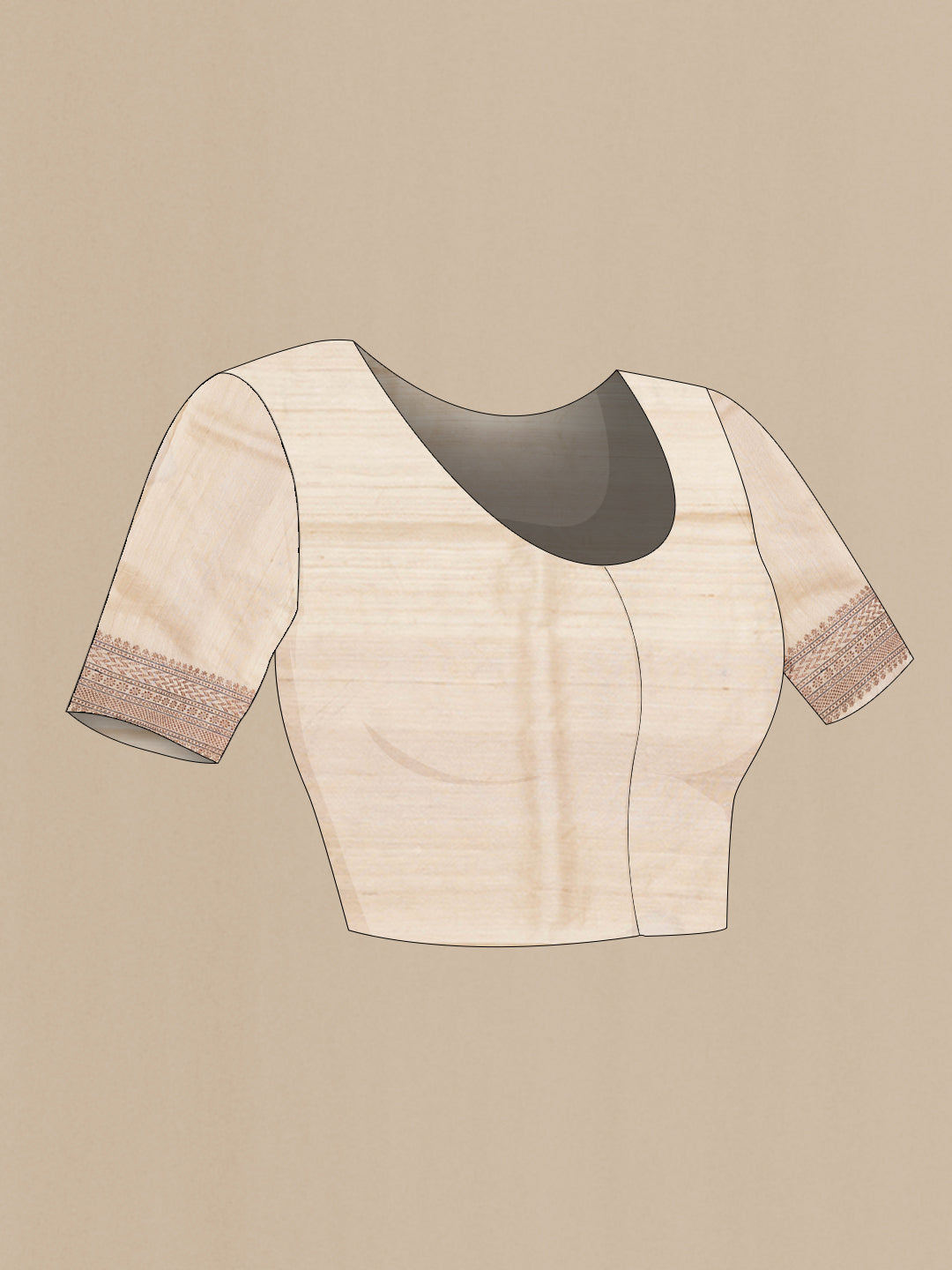 Close up image of the blouse of Beige Dual Tone Tussar Silk Saree with Embroidery on the body and Zari Border. 