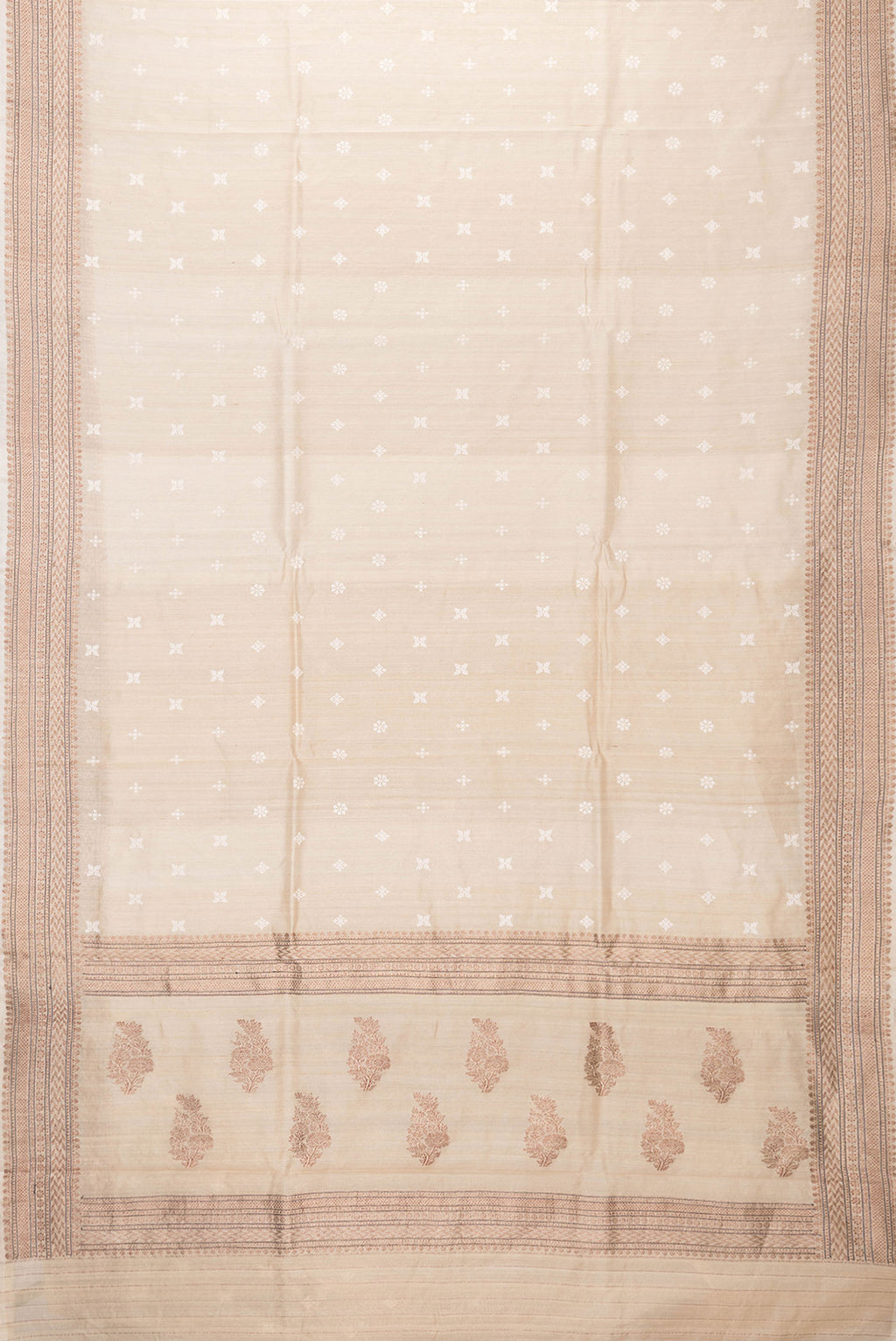 Flat view of Beige Dual Tone Tussar Silk Saree with Embroidery on the body and Zari Border. 