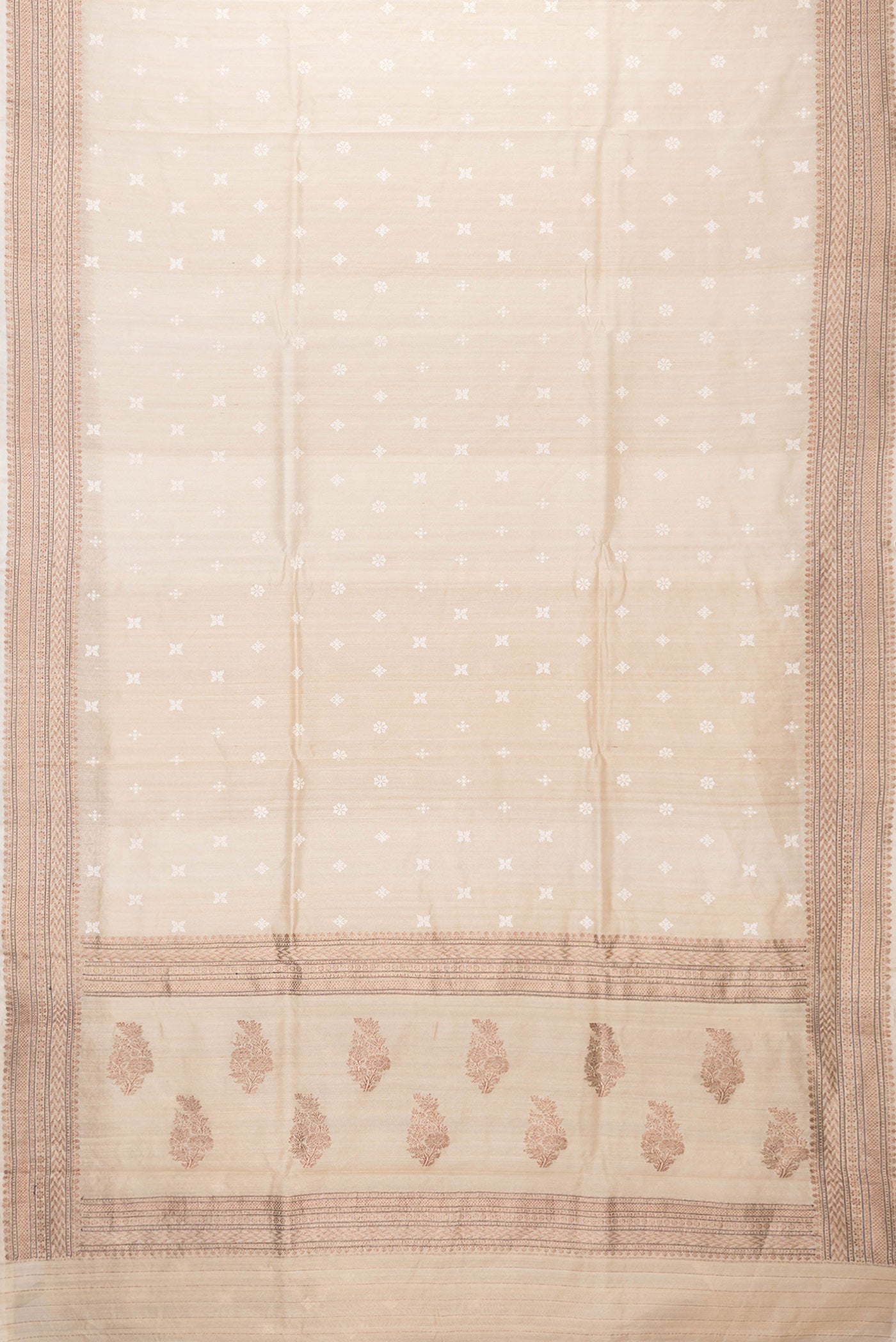 Flat view of Beige Dual Tone Tussar Silk Saree with Embroidery on the body and Zari Border. 