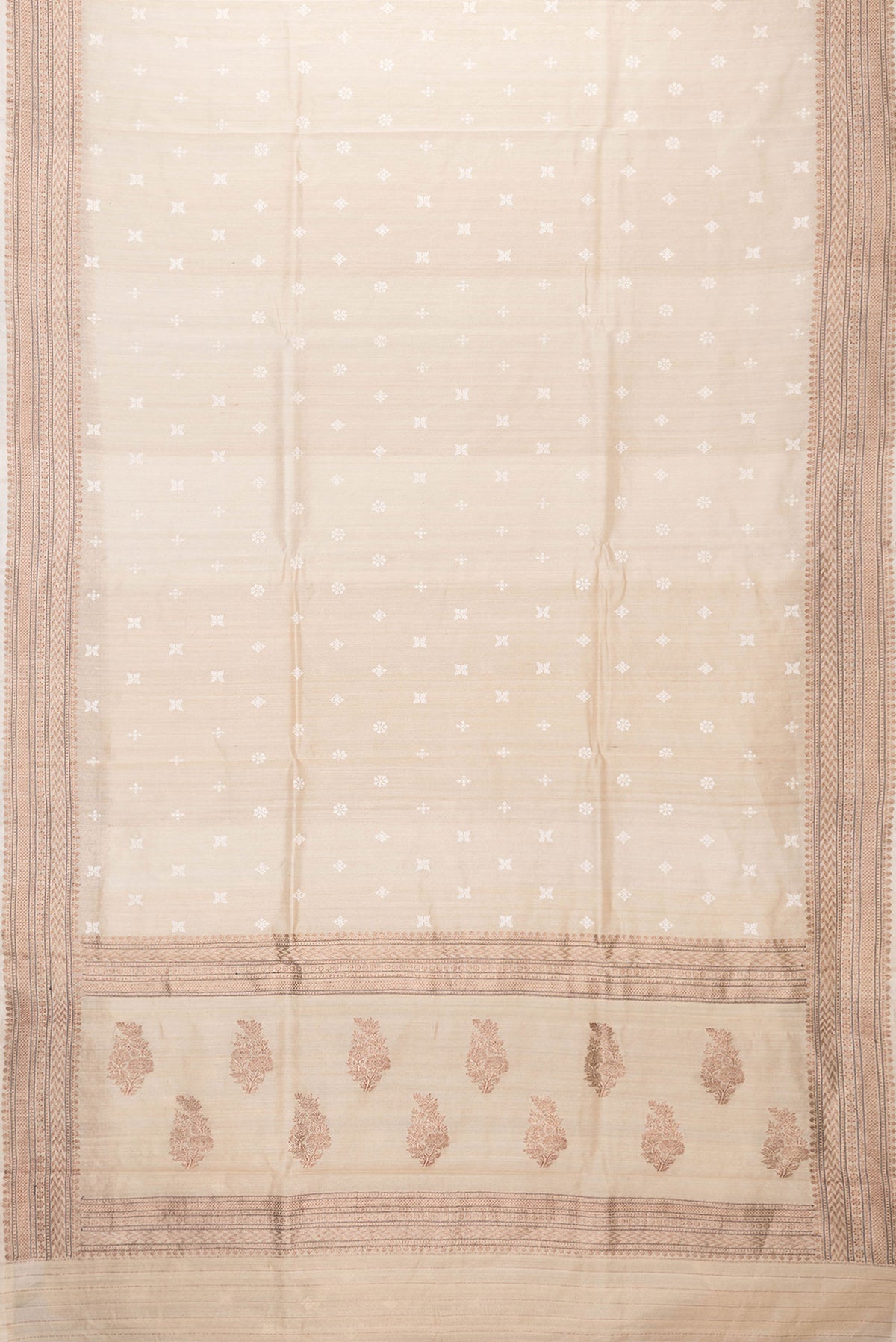 Flat view of Beige Dual Tone Tussar Silk Saree with Embroidery on the body and Zari Border. 